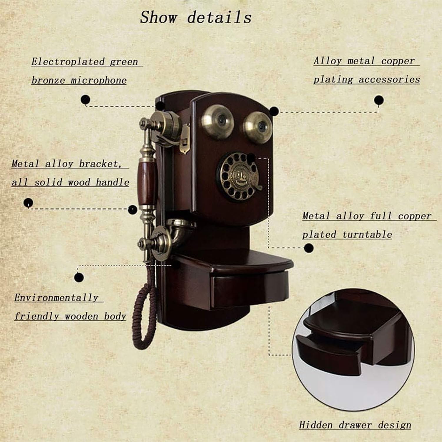 Drewniany telefon ścienny w stylu vintage, z obrotową tarczą, funkcja połączeń bez użycia rąk, dekoracja retro, do domu, salonu, biura, kawiarni