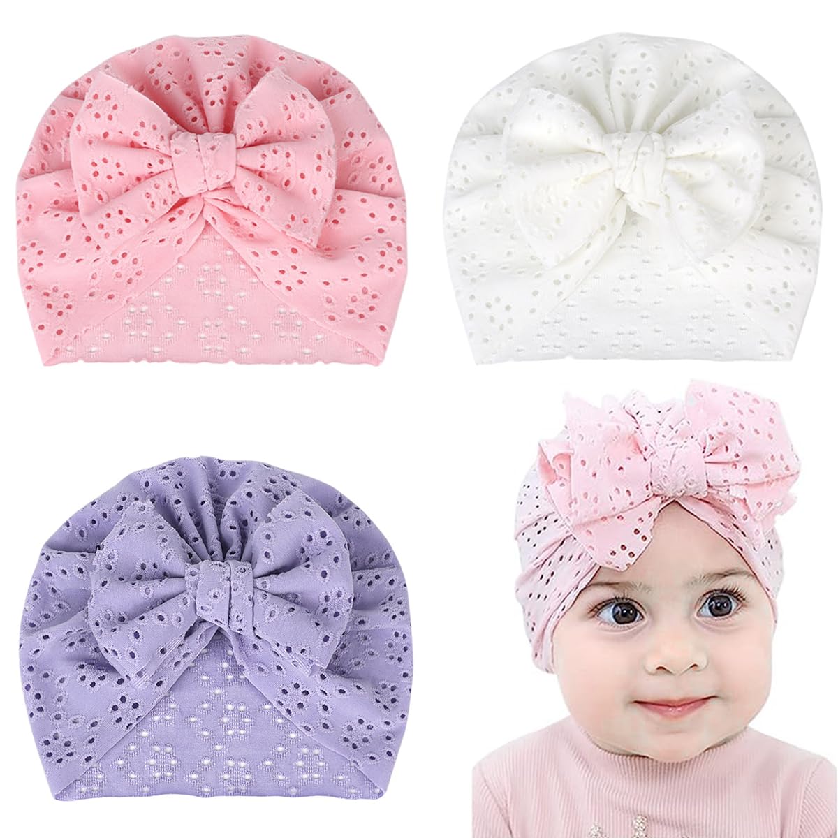 PALAY® 3pcs Baby Cap for 6-12 Months, Soft Baby Turban Cap for Baby Girl Boy, Stretchy Big Bow Baby Caps for Born 0-3 Months, Breathable Lovely Newborns Infant Hat Shower Gifts-image-27