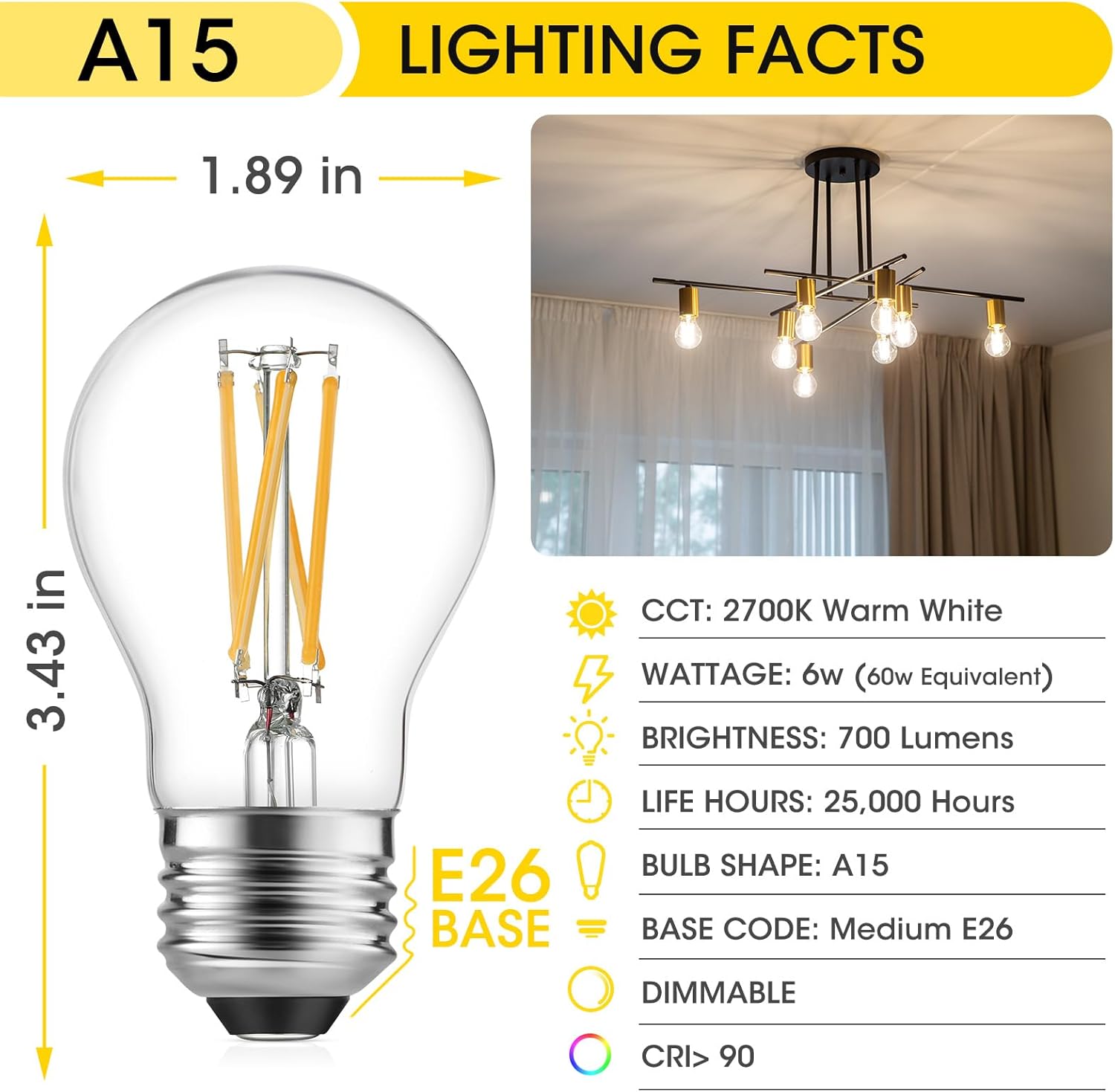 A15 LED Bulbs - Vintage Edison Bulbs, Dimmable, Clear Glass, E26 Medium Base, 6W (60W Equivalent), 2700K Warm White, 700LM, for Ceiling Fans, Appliances, Refrigerator Lights - 6 Pack - Image 2