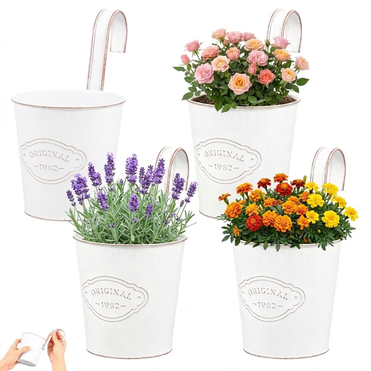 Gatphy 4Pcs Hanging Flower Pots Outdoor for Fence, Metal Hanging Plant Pots with Drainage & Detachable Hooks Decorative Railing Planter Metal Bucket Planter for Porch Railing Balcony Fence Patio