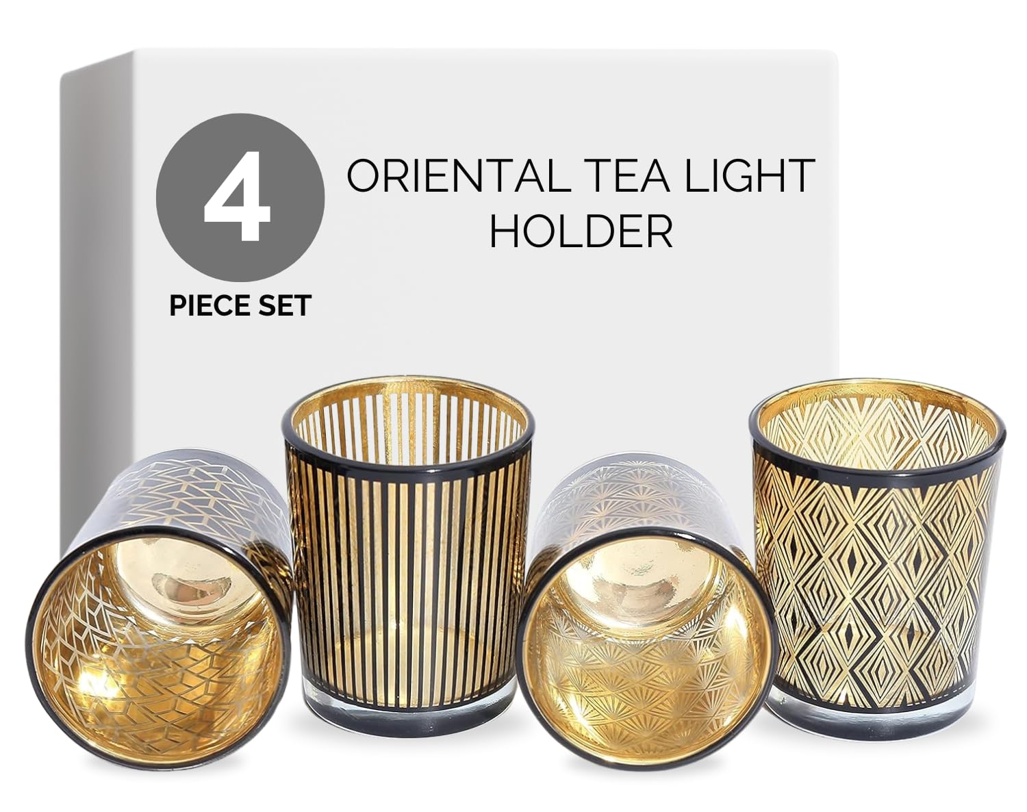 Juego de Candelabro Oriental - Portacandelitas Vasos de Cristal con Velitas - Pequeño Portavelas Noble con Adornos - Farolillos para Velas - Regalo de Decoración para Boda, Cumpleaños, Navidad (Negro)
