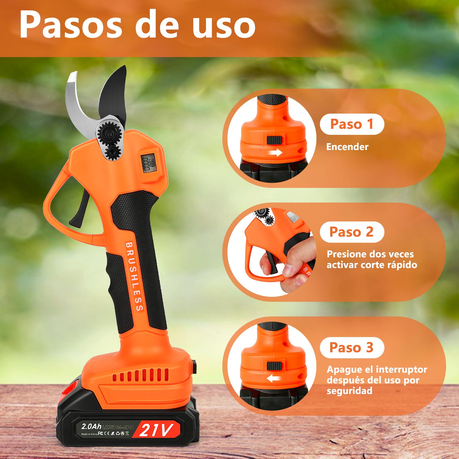 Tijeras de Podar Eléctricas, Profesional Tijeras de Podar con Motor Brushless, LCD Pantalla, 2000 mAh Bateria, SK5 Suchillas, Tijeras de Jardín Eléctricas para Jardinería, Árboles Frutales, Viñedos