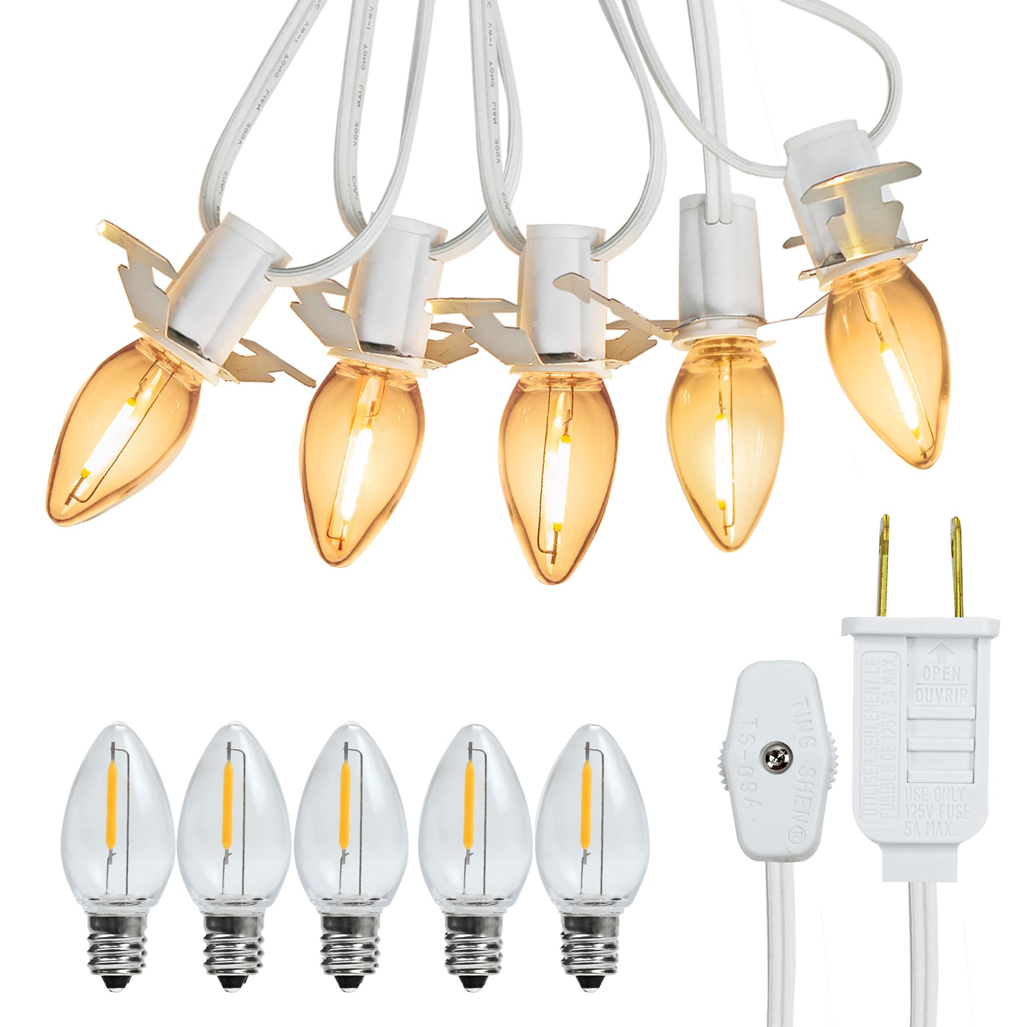 5 Base C7 String Bulbs Christmas Village Light Accessory Cord with 5 LED Light Bulb Universal Clip White Cord with On/Off Spare Fuse Switch Plugs for Decorations Christmas Village House