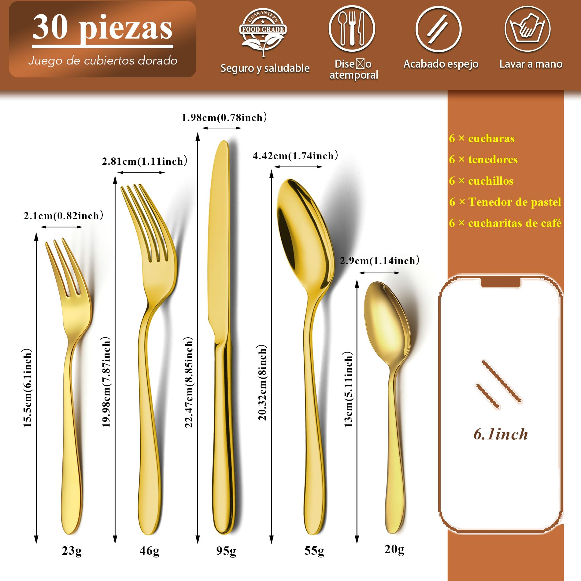 cuberterias dorados completas 6 personas, juego de cubiertos | 30 piezas, acabado espejo, dorada, premium cubiertos acero inoxidable, cuchillo cuchara tenedor, familia/fiesta/hotel