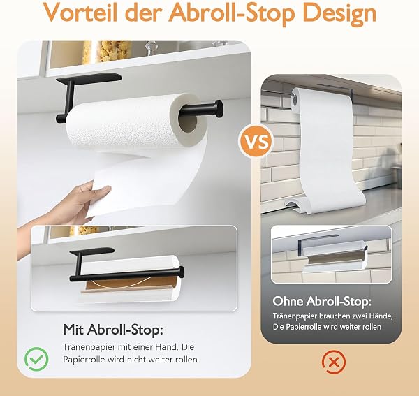Küchenrollenhalter Ohne Bohren, Mit Abroll-Bremse Küchenpapierhalter Selbstklebend, Papierrollenhalter Edelstahl Küche Rollenhalter Wand oder Unter Schrank (Schwarz) - 2