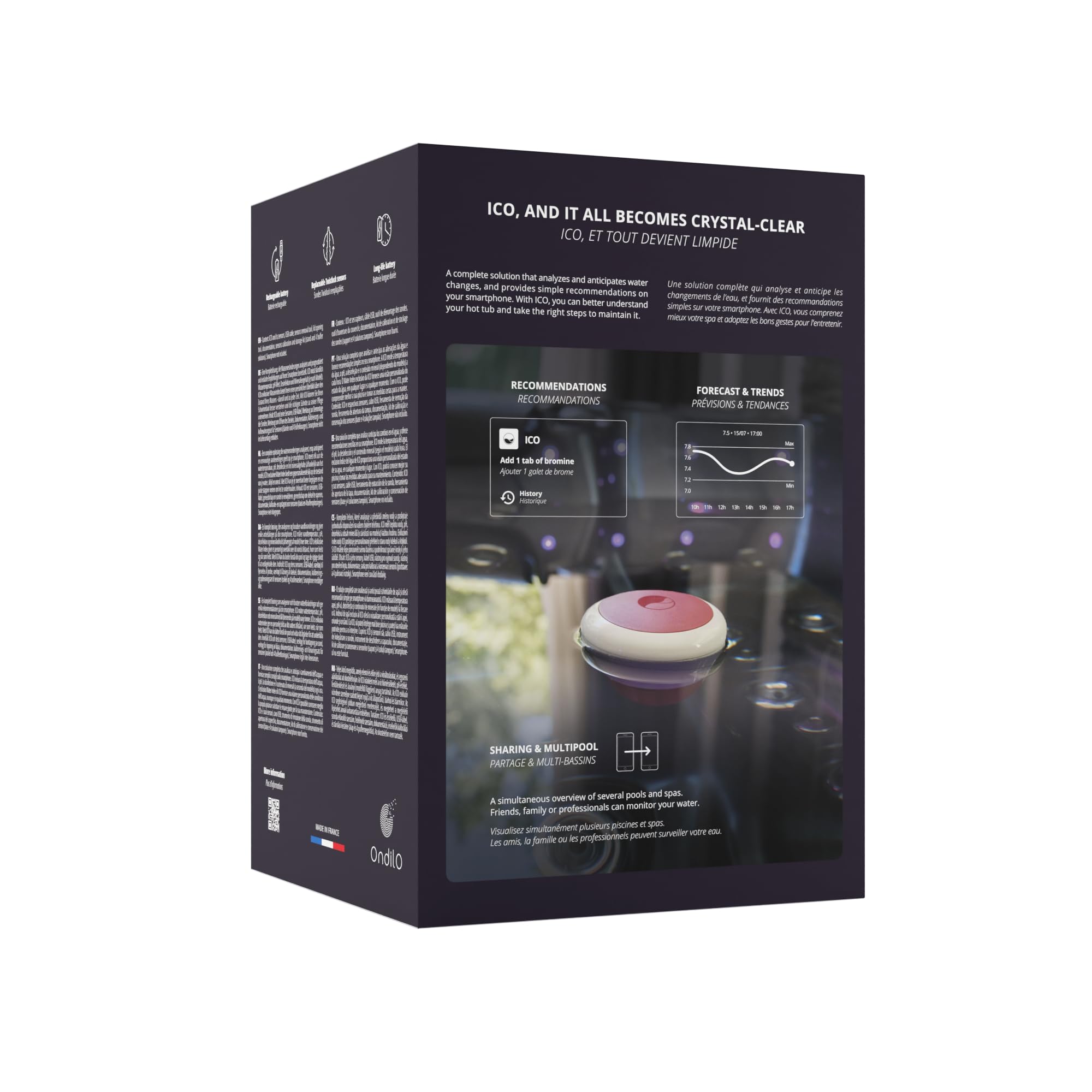 Ondilo ICO Spa V2 Essential+ Chlore Brome – Analyseur d’Eau connecté Spa | Mesures 1 fois/heure pH, ORP, température de l’eau – Kit de calibration inclus - Recommandations personnalisées