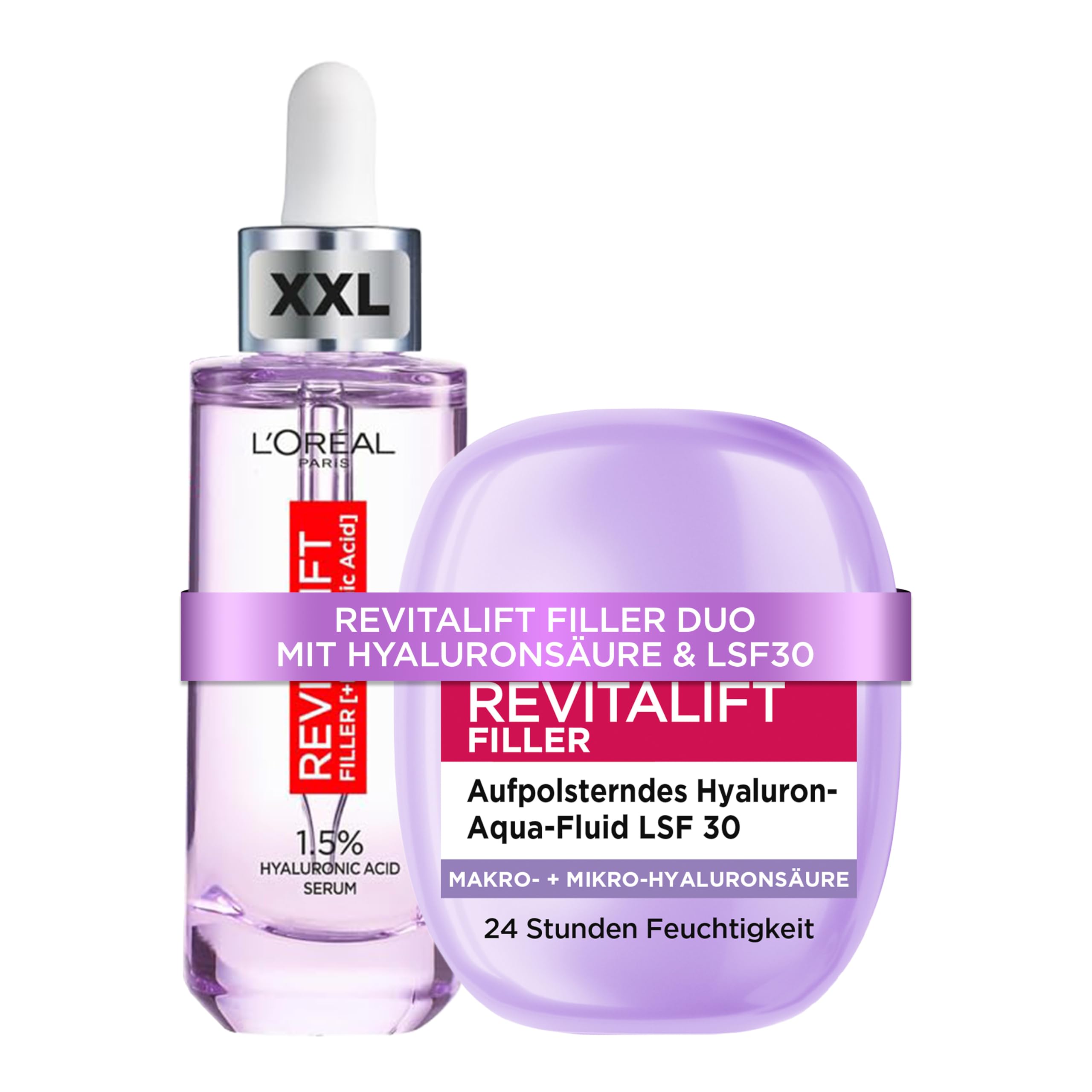 Revitalift Filler XL Gesichtsserum und Hyaluron Aqua-Fluid LSF30, aufpolsternds Serum und schützendes und hydratisierendes LSF-Fluid, Duo für geglättete Linien und Schutz, L'Oréal Paris