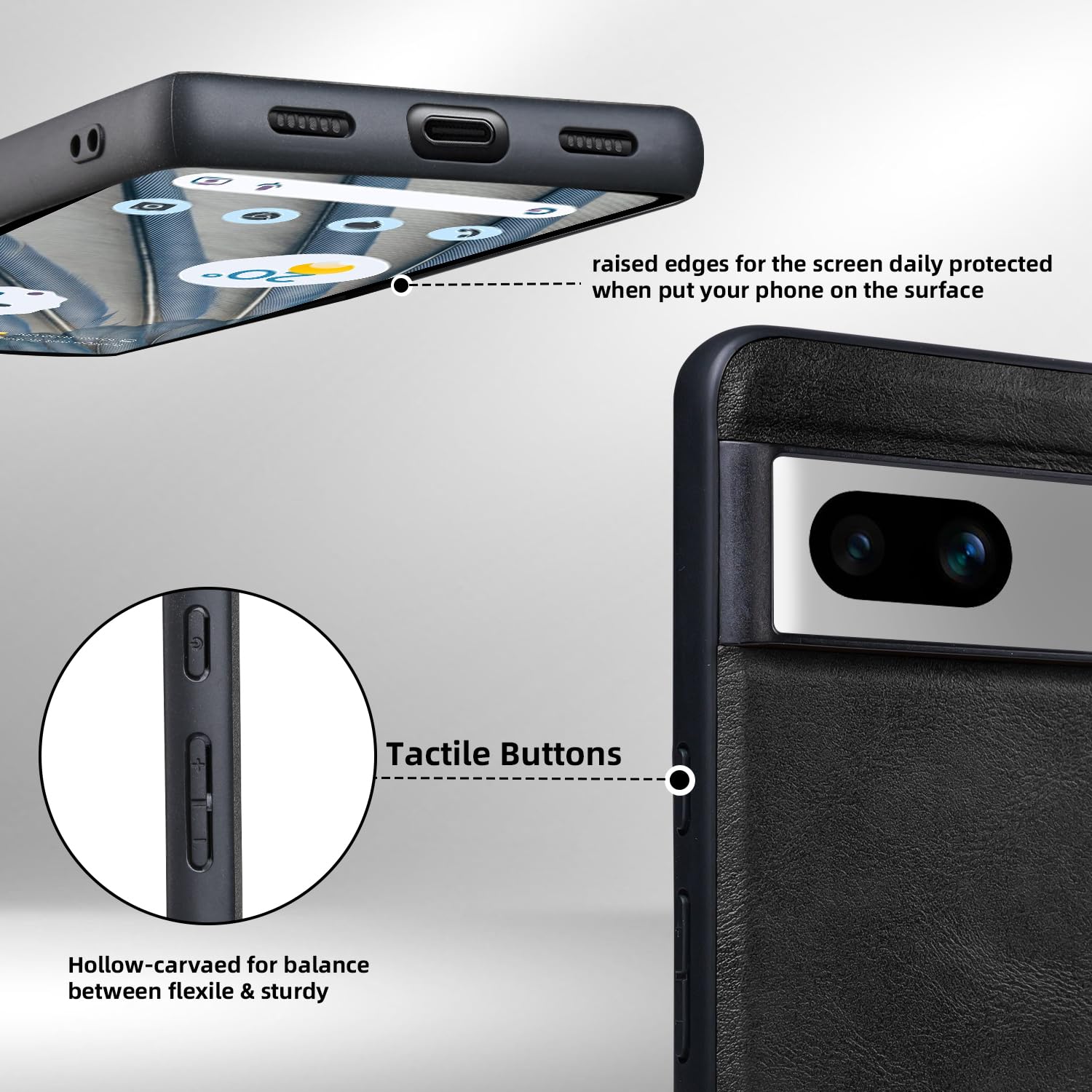 PU Leder Hülle Für Google Pixel 8 – Schlank, Stoßfest Mit Erhöhten Kanten, Schwarz