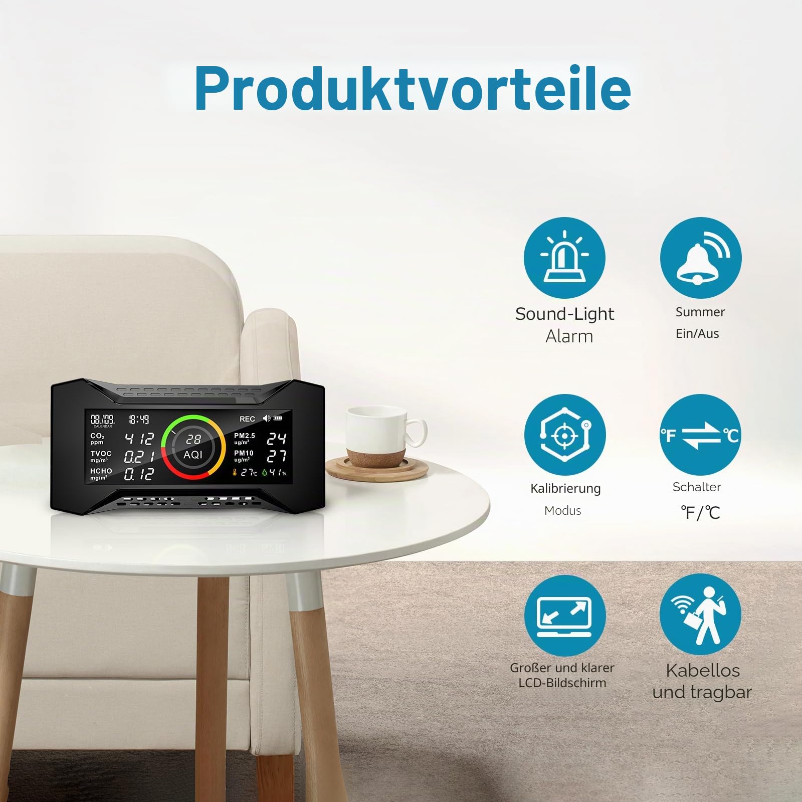 CF-20 DL Luftqualitätsmonitor Innen mit Datenbericht für CO2 TVOC PM2.5 PM10 AQI HCHO Temperatur Luftfeuchtigkeit, Luftverschmutzungsmonitor mit Audio-Alarm, CO2-Monitor für Zuhause