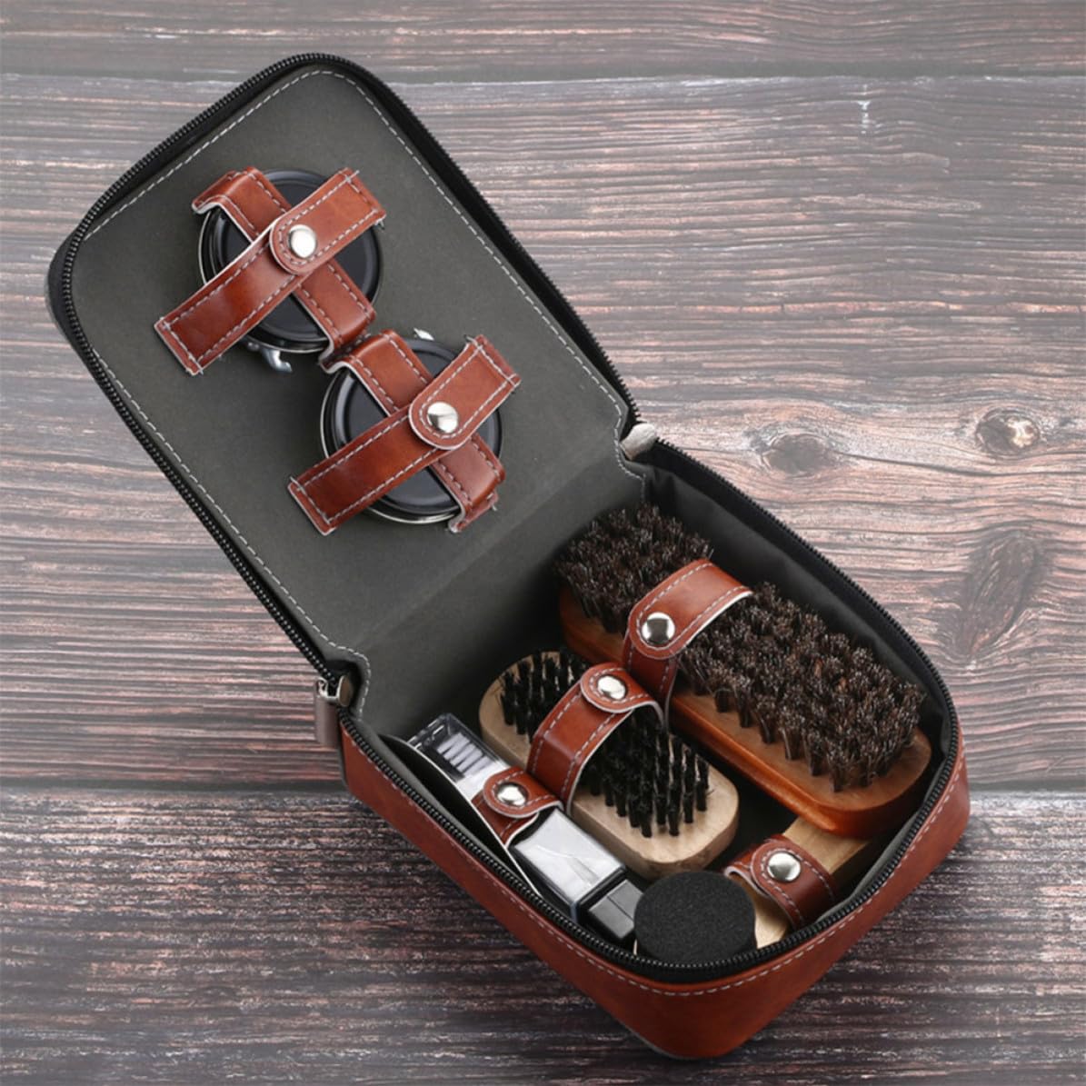 LALAFINA 9 Piezas Juego de Crema para Zapatos Juego de Betún para Zapatos Cepillo Portátil Marrón Cerdas Ángulo de Limpieza Eficaz y Botas Hombre y Mujer