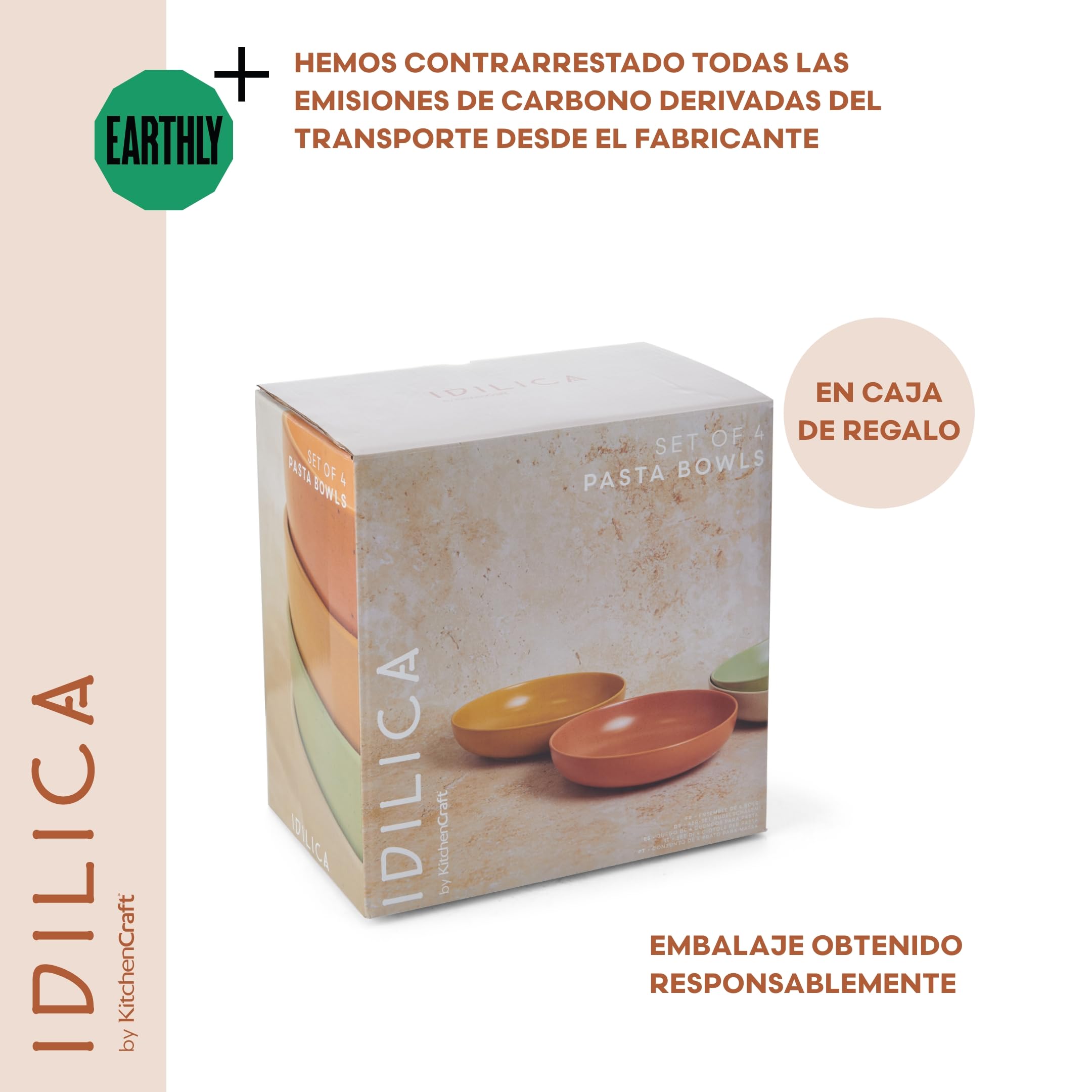 KitchenCraft Idilica Tazones de Pasta de Gres, Juego de 4 Tazones de Cerámica poco profundos, Aptos para Microondas y Lavavajillas, Colores Surtidos