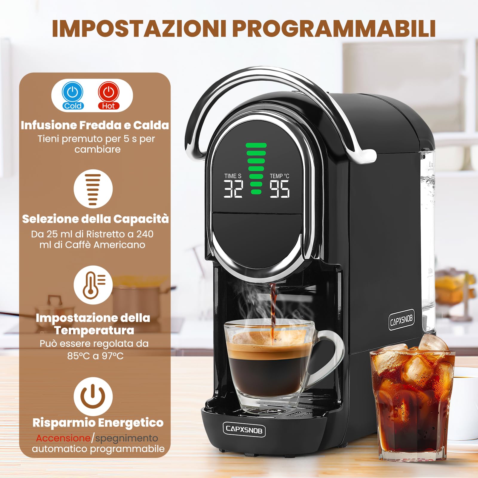 Magician1 Mini Macchina da Caffè Cialde 5in1 per Nespresso Originali, Dolce Gusto, Lavazza A Modo Mio, ESE 44 Cialde e Caffè Macinato, 20 Bar, 1450W, Display LED, Acqua Regolabili 7 Livelli