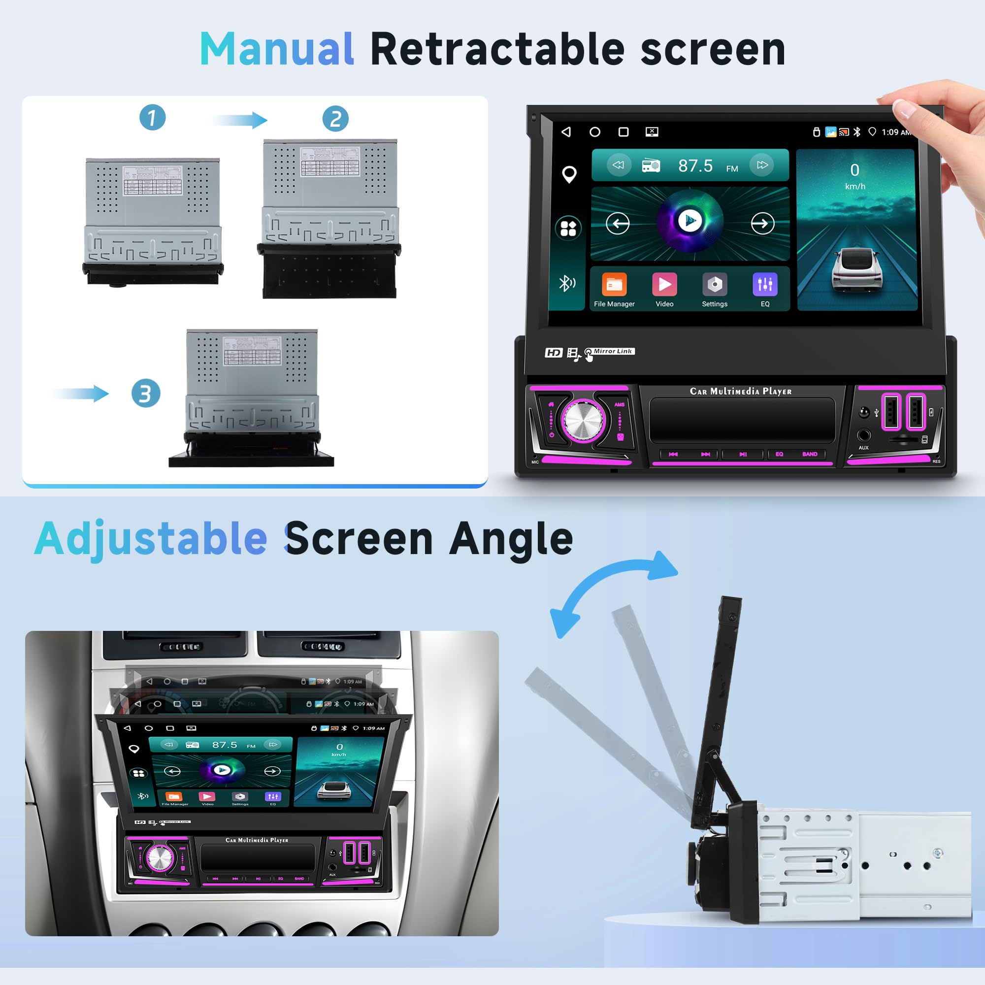 Radio Coche Android 1 DIN 7 Pulgadas - 4G+64G, CarPlay/Android Auto Inalámbrico, GPS, Bluetooth, Cámara Trasera