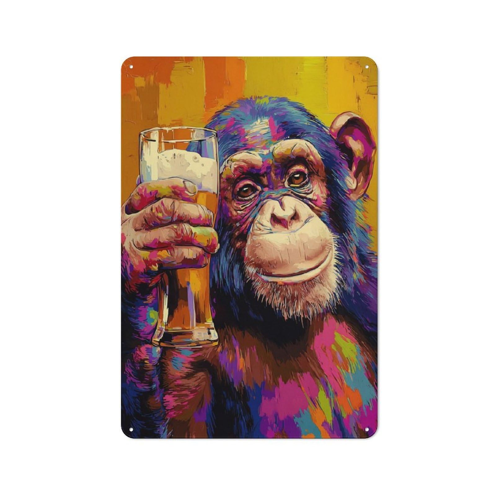 Junmoney Chimp Cheers Colorful Artistry Metal Plaque With Design 30X20cm, Vintage Bistro Wall Plaque For Coffee Bar, Kitchen, Bistro Or Tea Corner