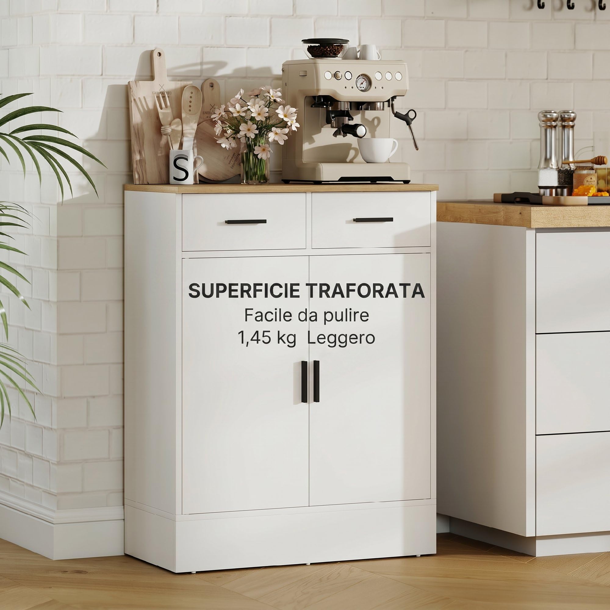 HOMCOM Credenza Cucina con 2 Cassetti e Armadietto 2 Ante, Mobile Cucina Moderno con Ripiano Regolabile, Credenza Buffet per Soggiorno, Sala da Pranzo e Salotto, 68.6x35x90.3 cm, Bianco e Color Legno