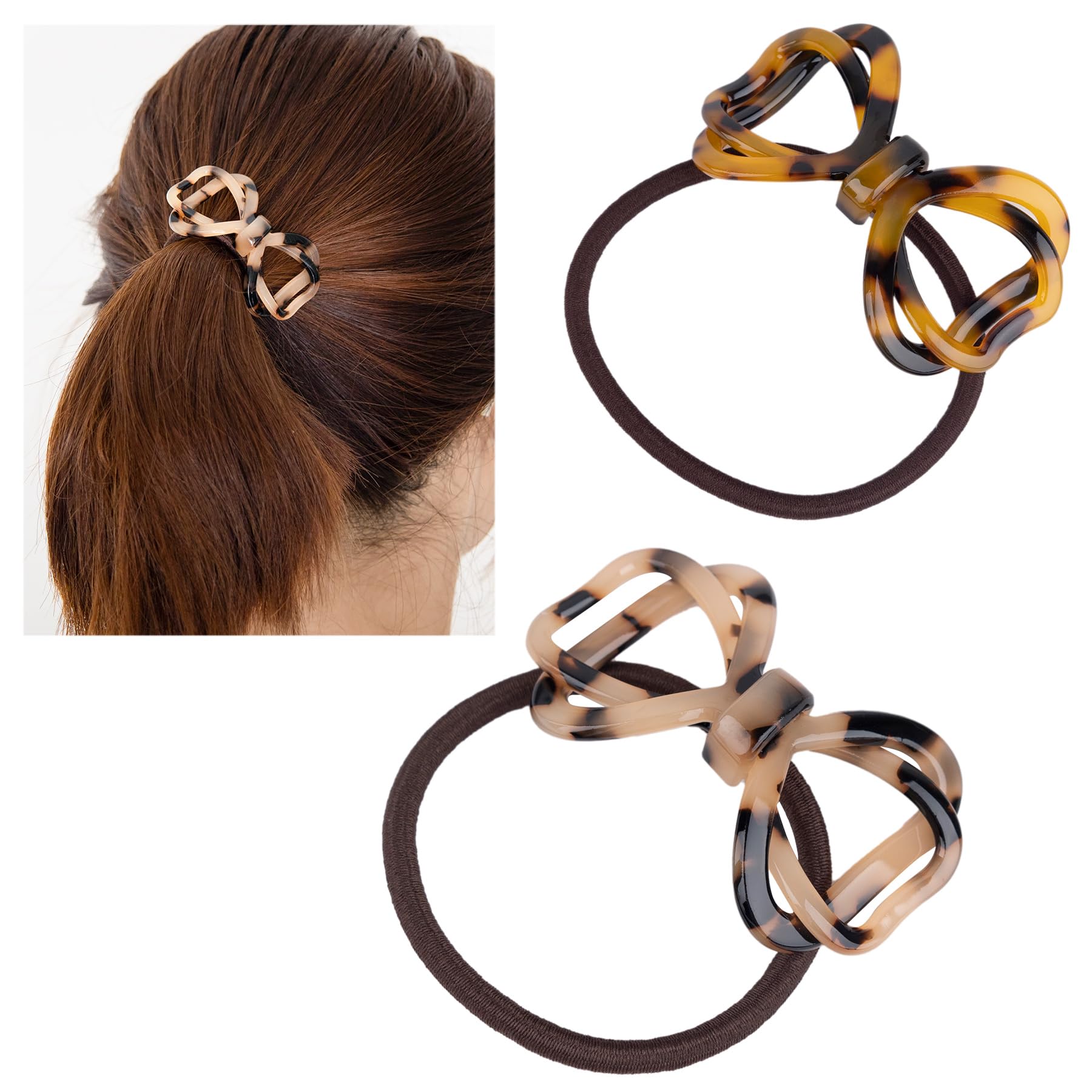 Framendino2 Pack Tortoise Shell Hair Ties Bow Bowknot Hair Tie Elastic Hair Bands Ponytail Holders for Women Girls Hair Accessories