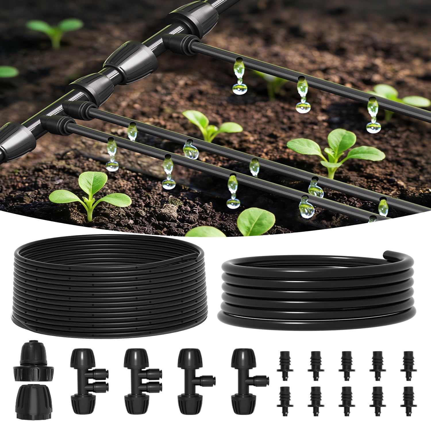 MIXC 200Ft Thickened Flat Soaker Hose & 100ft 1/4" Irrigation Dripline Tubing