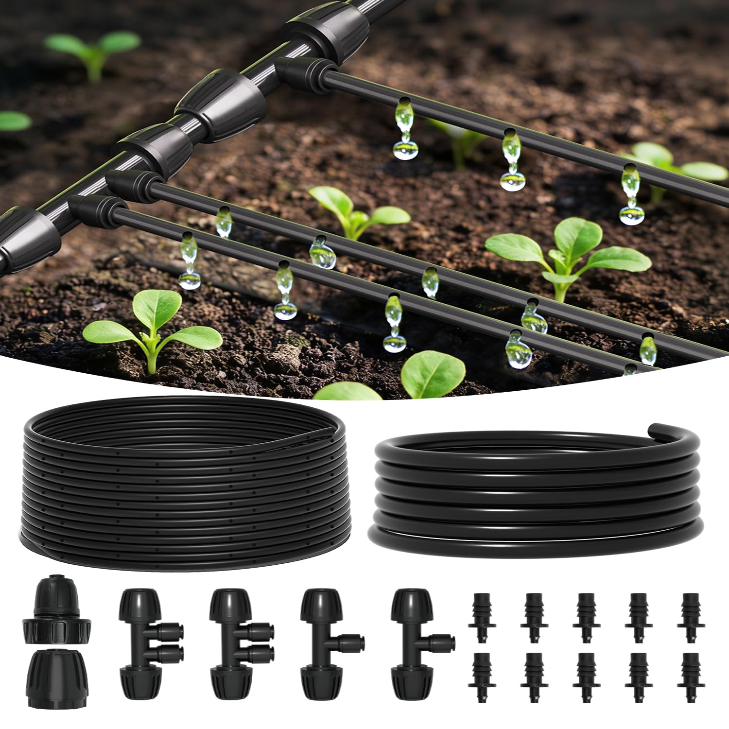 MIXC 1/4" Irrigation Dripline Tubing (100 Ft Roll) with 10Ft 1/2" Main Line, Saving 80% Water, 6" Emitter Spacing, 0.5 GPH Emitters Built-in Drip Irrigation Line with 1/4" Push-to-Connect Fittings