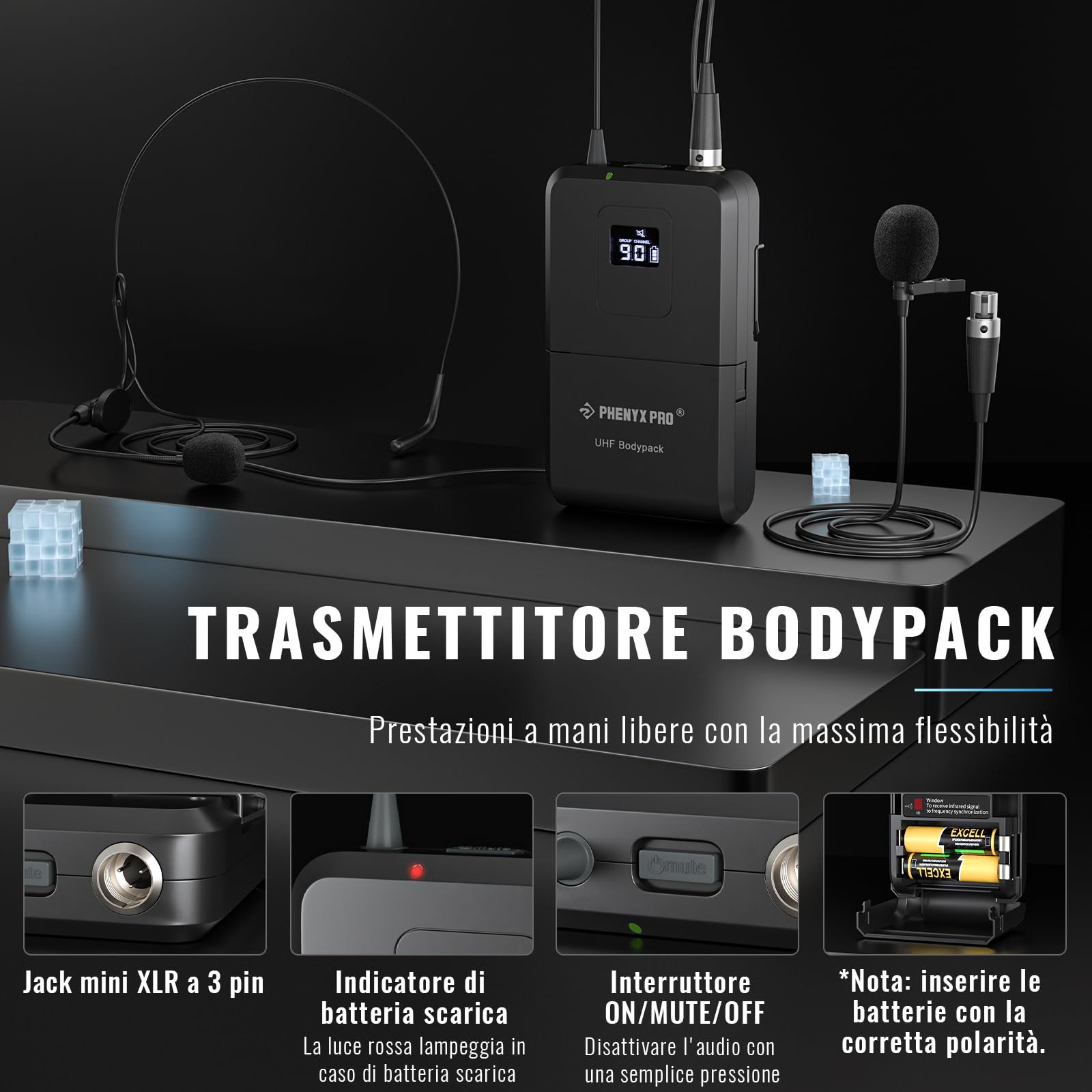 Phenyx Pro Sistema Microfono Wireless UHF a 4 canali PTU-7000-2H2B | Auto Scan, 2 microfoni dinamici, 2 bodypack, mic headset/lavalier, 4 × 40 frequenze, portata 328 ft, DJ set