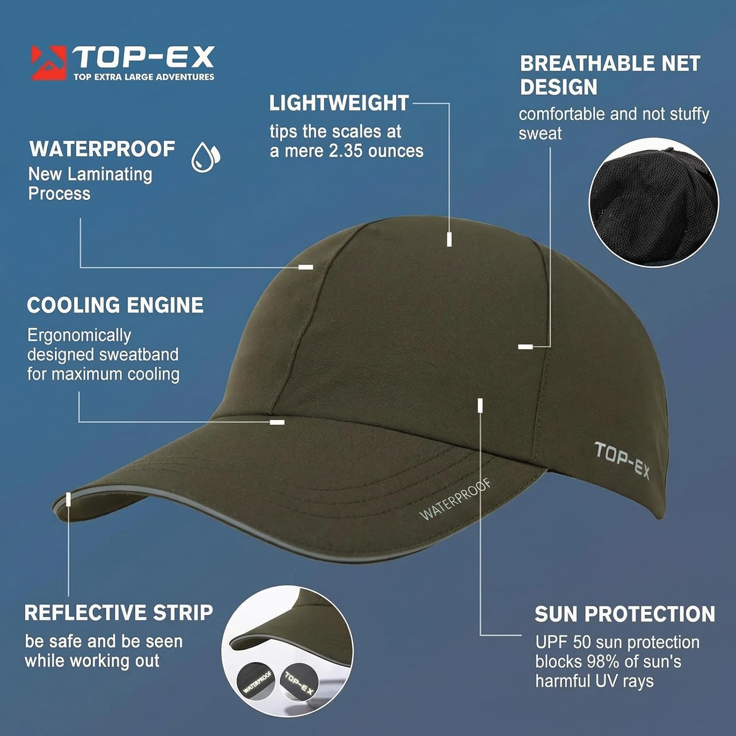 Oversized XL XXL Waterproof All Weather Performance Running Cap Recycled Unstructured Baseball Hat Urban Storm