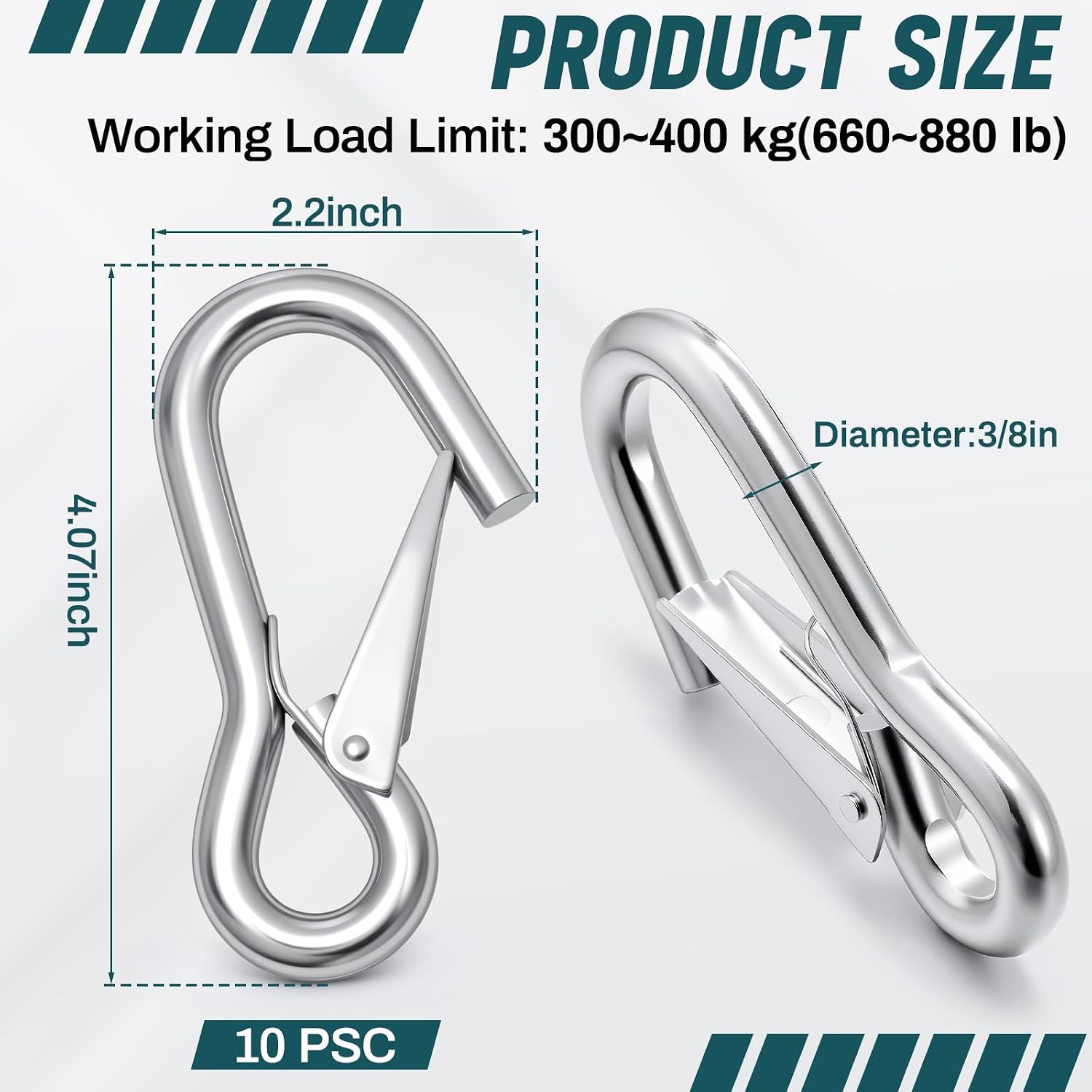 10 Pack 3/8 Inch Trailer Safety Chain Snap Hooks with Spring Loaded Latch, 880 Lbs Working Load Limit, Quick Release Hooks for Towing, Cargo Straps, Hand Winches & Industrial Use