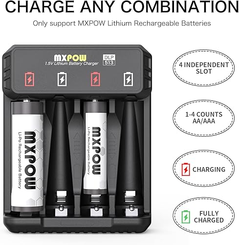Miniatura 4 de MXPOW Baterías recargables AA de litio 1.5 V 3400 mWh, baterías recargables de litio AA, 4 unidades, 1500 ciclos con cargador inteligente