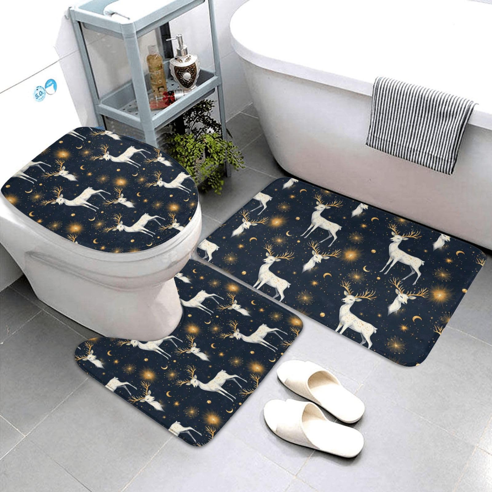 Tapis de salle de bain doux lavables en U ensemble 3 pièces motif cerfs blancs