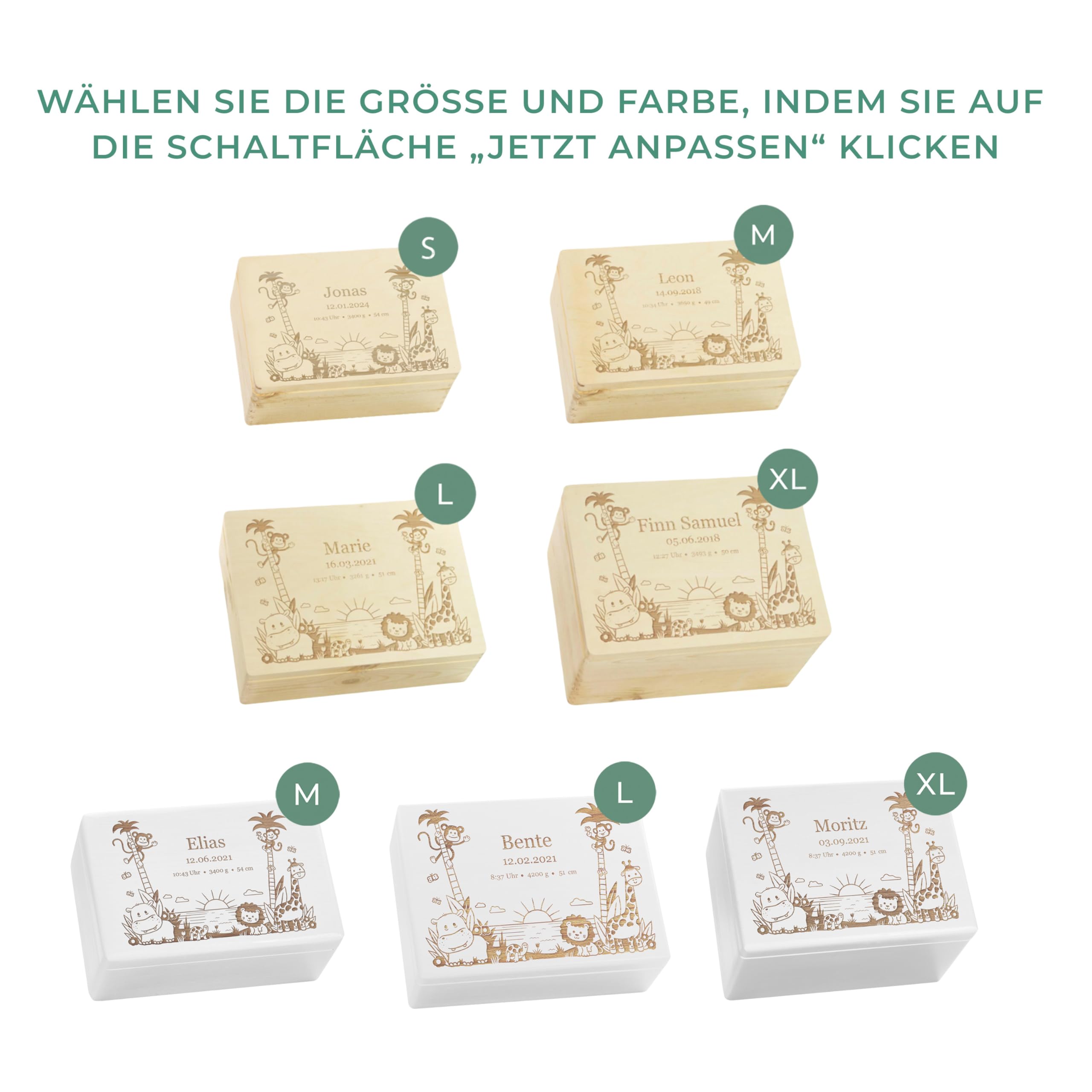 LAUBLUST Erinnerungsbox Baby Personalisiert - Geschenk zur Geburt mit Name | Dschungel - Kinder Erinnerungskiste Holz für Mädchen & Jungen | Holzkiste Natur & Weiß - FSC® (Größen S, M, L, XL)