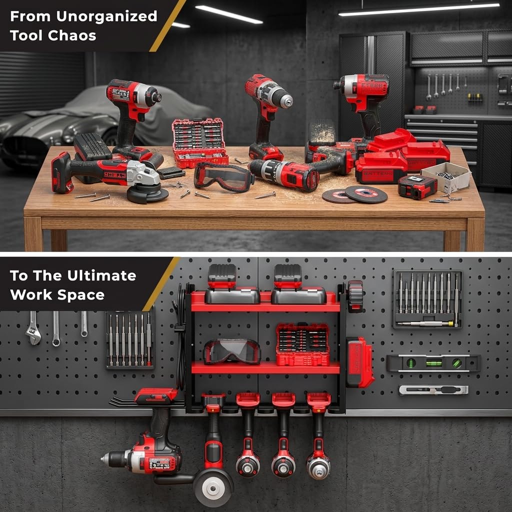 Power Tool Organizer na 6, uchwyt na wiertarkę, uchwyt ścienny, 3-poziomowy, wytrzymały, metalowy stojak do przechowywania narzędzi ręcznych, stojaki na narzędzia, uchwyt na wiertarki, 2 boki deski