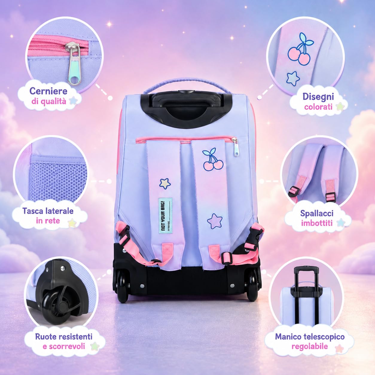 Trolley Key People originale per bambini con design Stitch – Zaino trolley per scuola elementare, leggero, resistente e con manico estensibile e ruote