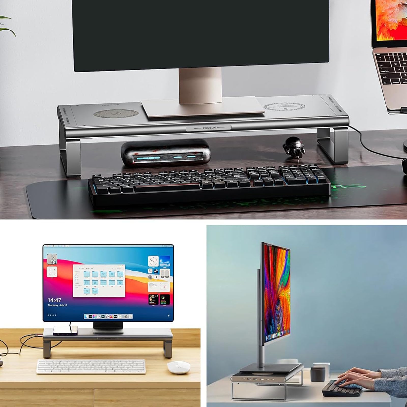 Stojak na laptopa z 6 portami Hub USB C i Powerstrip do aranżacji komputera, podwójny stojak na monitor z koncentratorem