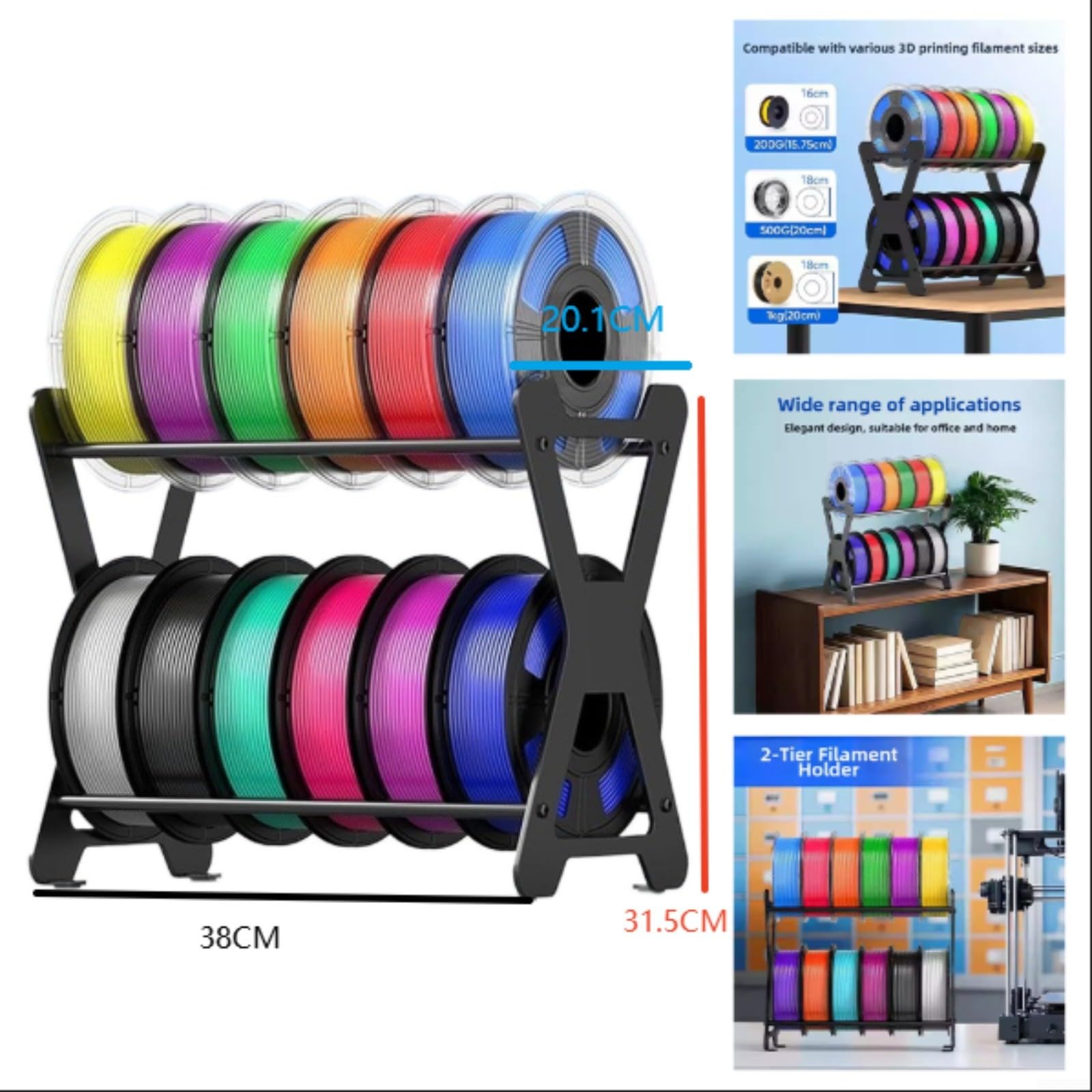 X-Form Doppelschicht Filamenthalter für 3D Drucker – Robuster Kohlenstoffstahl für ständer für 12 Rollen 1kg Spulen, Platzsparendes Desktop Organizer Rack mit Rutschfesten Füßen, Schwarz