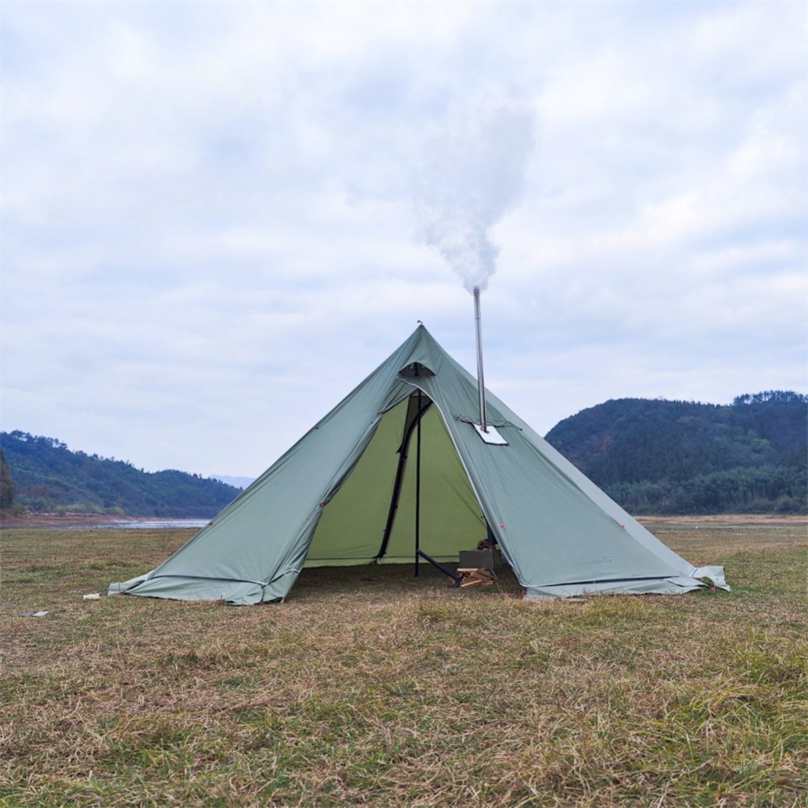 Stufa a legna a forma di piramide, 5 m, antivento, con presa antifumo, telaio in alluminio leggero, grigio bianco