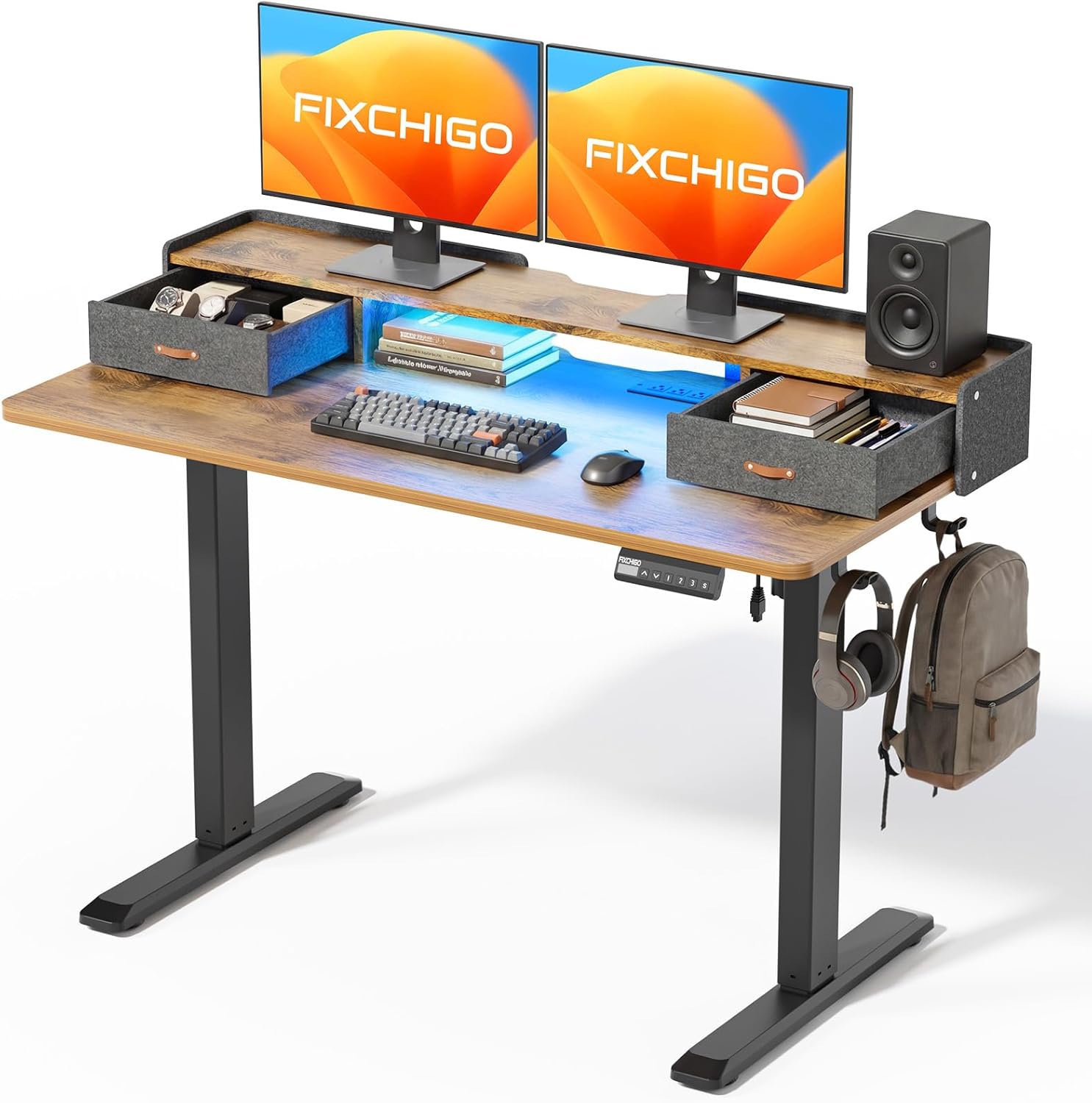 Electric Standing Desk with Drawers, 48 Inch Height Adjustable Desk with Power Outlets & LED Lights, Sit Stand Table with Monitor Stand for Home, Office, Brown