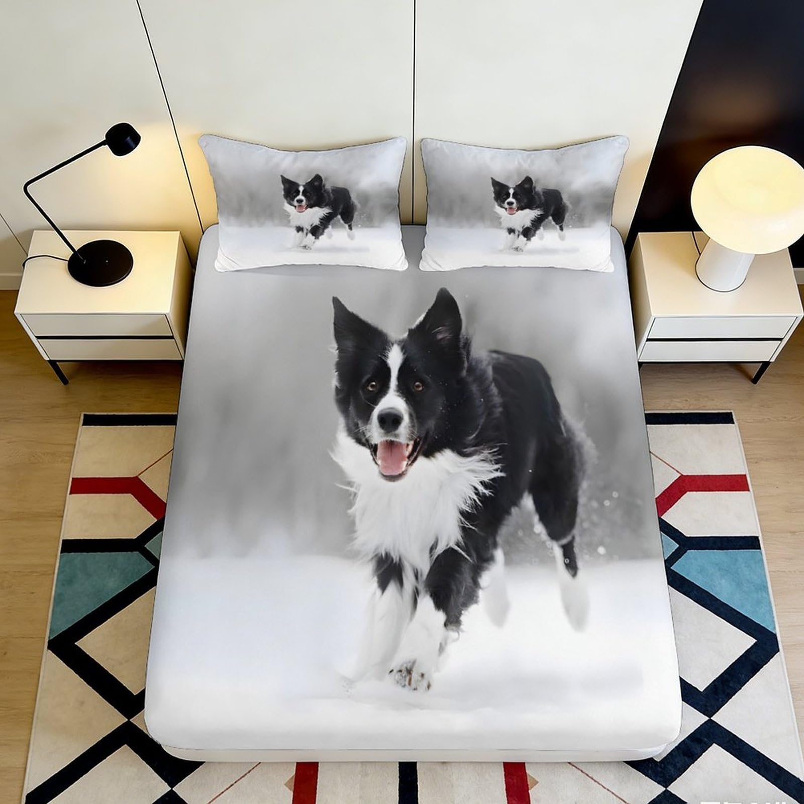 3D Printed Border Collie Dog Fitted Sheet Microfiber Non-Slip Bed Cover for Bedroom Dorm Mattress Protection Decor 120x200x25cm