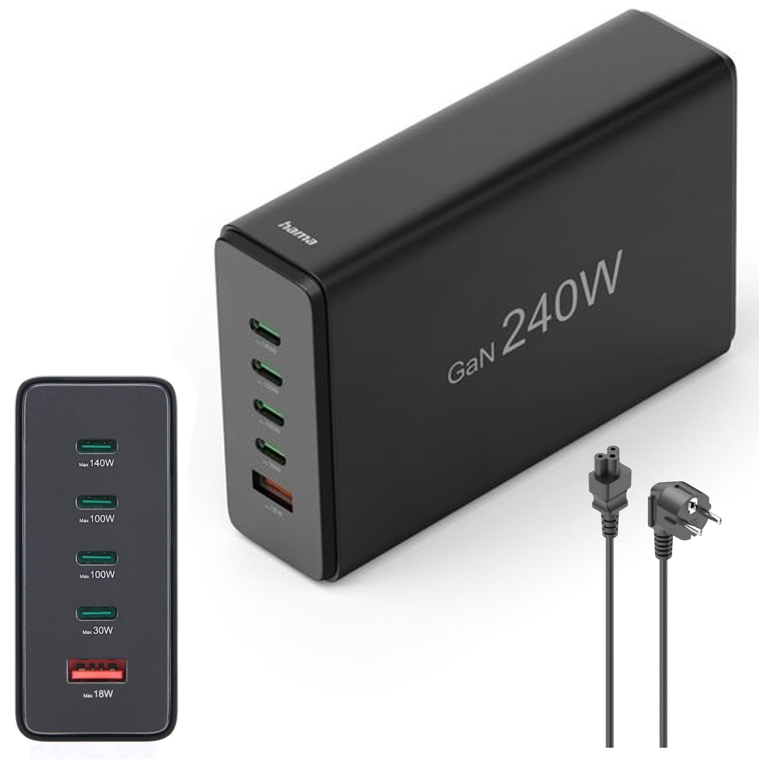 Hama Chargeur USB 240W GaN, 5 Ports, 4X USB-C et 1x USB-A, Charge Rapide Sécurisée, PD + QC 3.0, Détection Auto, Station de Charge Secteur Multiports 5 en 1, Préserve la Batterie, Câble 1.5m, Noir