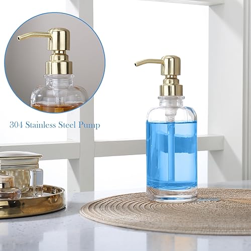 Miniatura 4 de Dispensador de jabón de vidrio transparente con bomba dorada, dispensador de jabón líquido de 11 onzas cilíndrico con bomba de acero inoxidable para