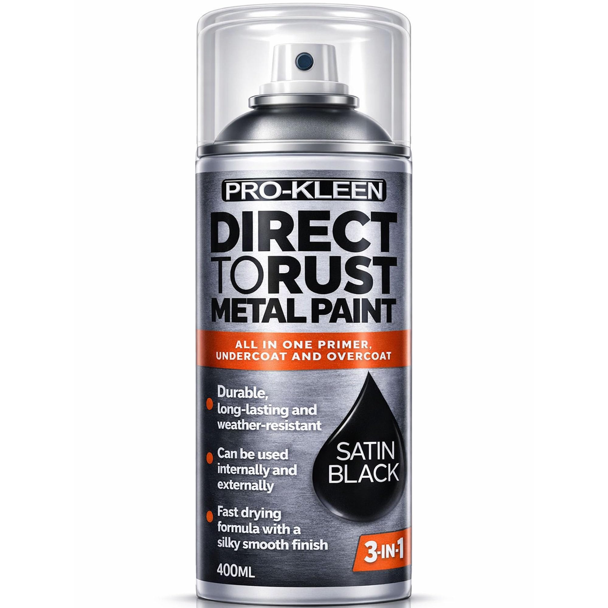 Pro-Kleen Direct to Rust Metal Paint 400ml - 3-in-1 Primer, Undercoat & Topcoat - Black Satin Finish - for Use on Metal, Wood, Furniture, Rust, Outdoor & Indoor Surfaces