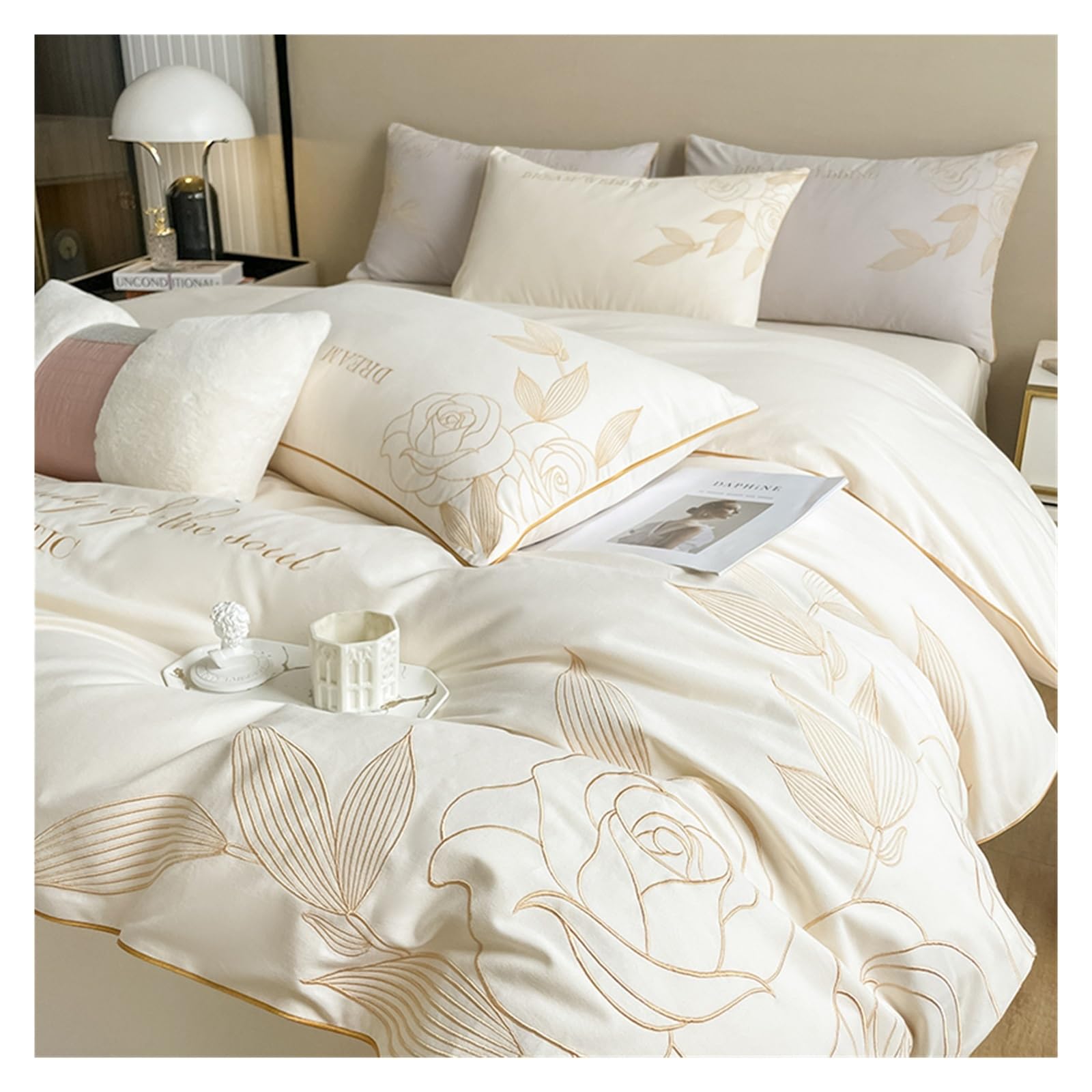 Parure de lit housse de couette coton brodé lit double 200x230