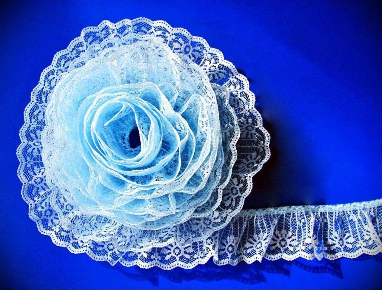 Light Blue~2 Inch Wide Ruffled Candlewick Ribbon Lace Trim Embroidery Applique Fabric Grosgrain Delicate DIY Art Craft Supply for Scrapbooking Gift Wrapping ~by 5 Yards