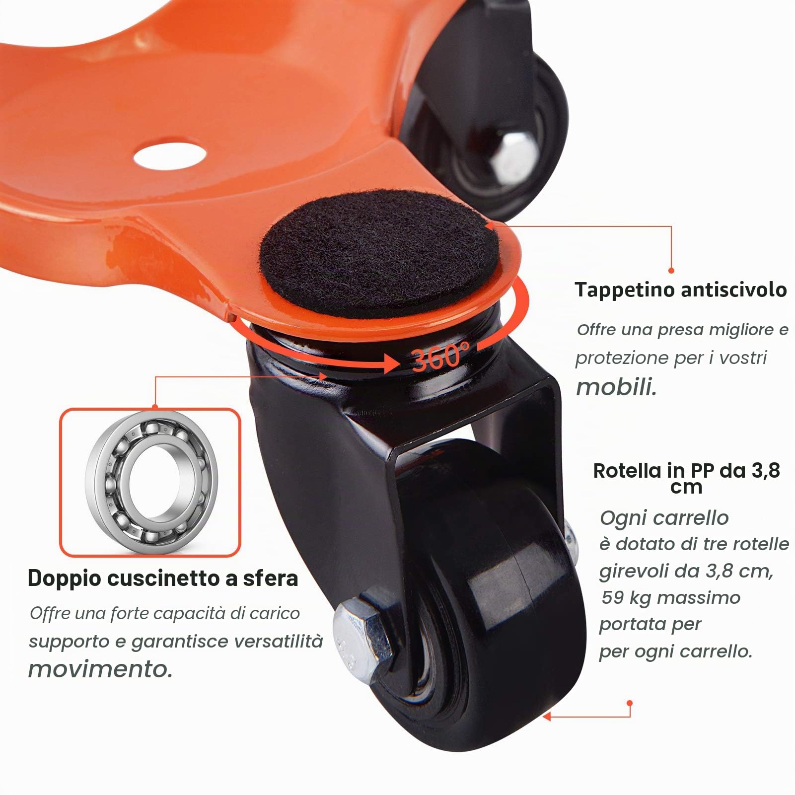 Ronlap Rullo di trasporto per mobili da 200 kg, 9 pezzi 4 rulli per mobili e 1 sollevatore di carico e 4 dispositivi di sollevamento, ausilio per lo spostamento di mobili pesanti, Arancione