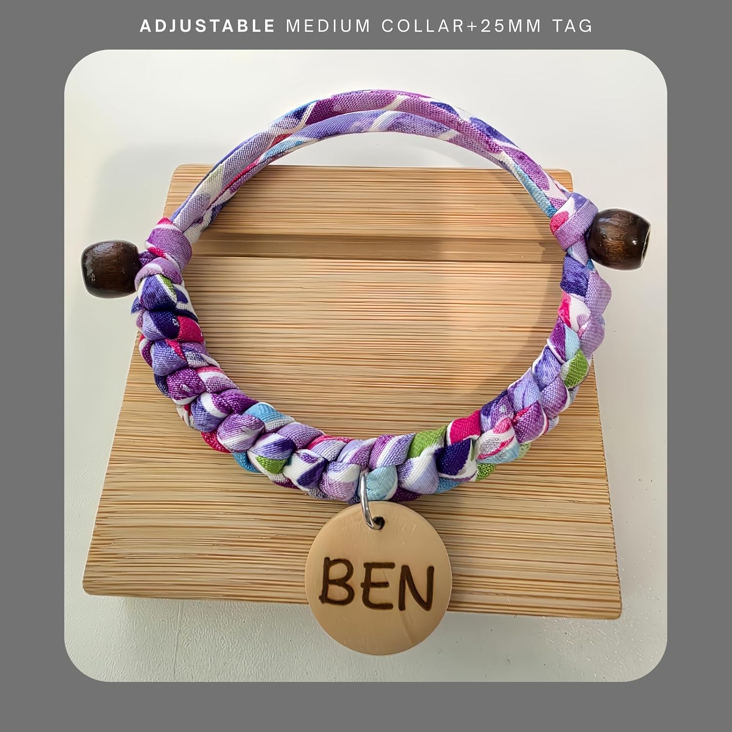 Cute Personalized Rope Dog Cat Collar with 2 Engraved Tags – Handmade, Elegant & Adjustable Slip-On Custom Collar for Puppy, Dogs & Cats Handmade in California (Small to 4XL) (Plum)