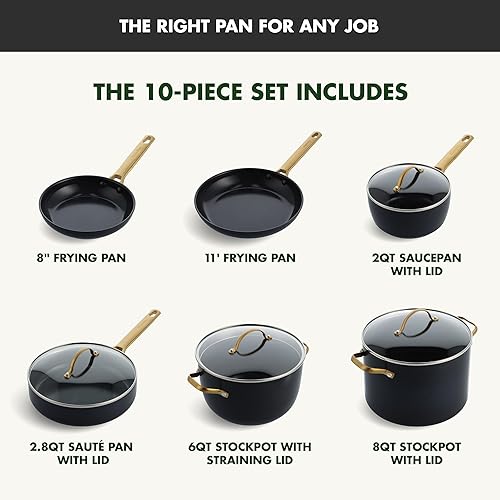 Miniatura 3 de GreenPan Reserve - Juego de ollas y sartenes antiadherentes de cerámica anodizada dura de 10 piezas mango dorado sin PFAS apto para lavavajillas