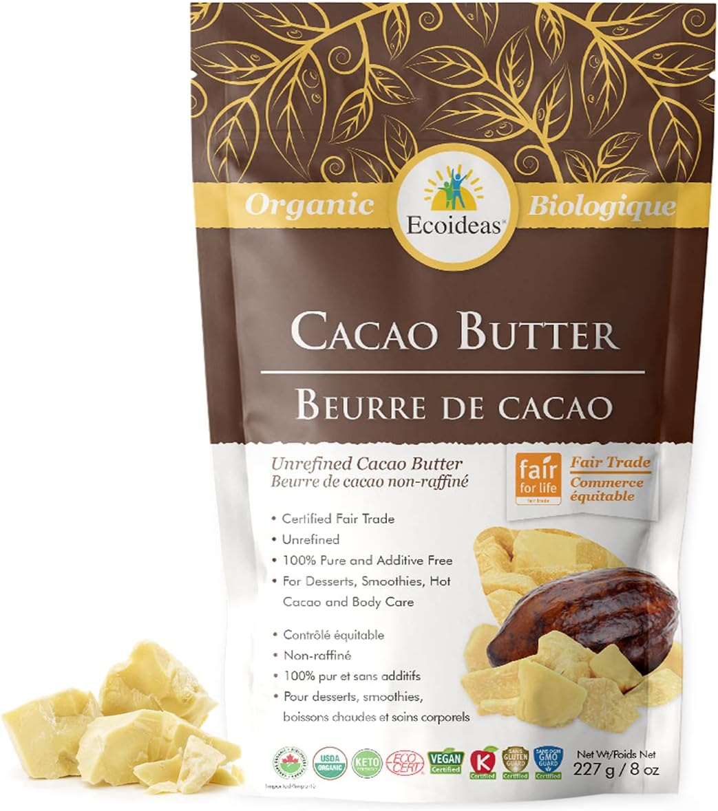 Ecoideas Org. Raw Cacao Butter, 8 OZ BAG - Organic, Non-GMO, Fair Trade, Gluten Free, Vegan, Plant Based Healthy Fat