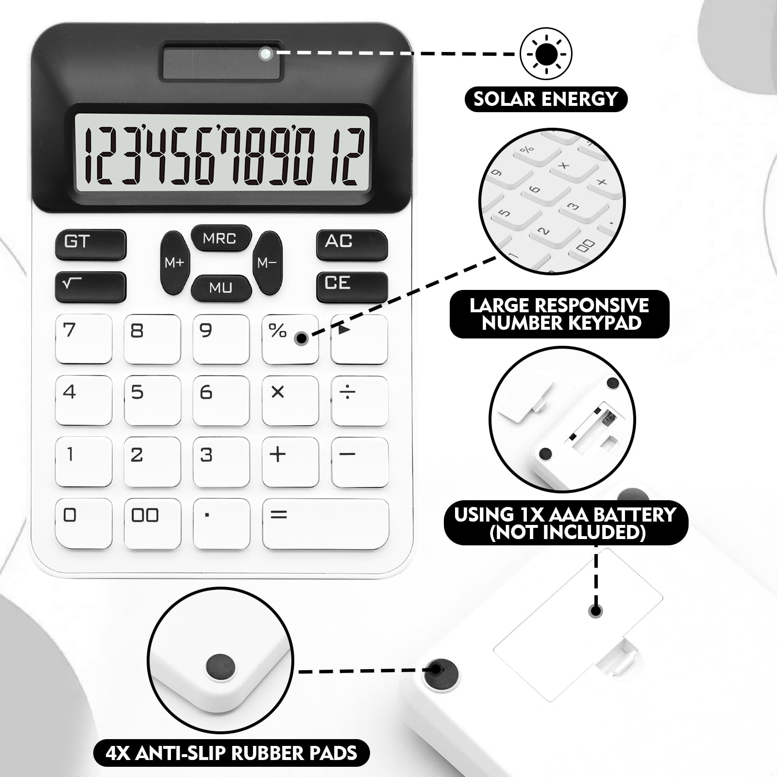 QpenguinBabies White Scientific Calculator, 12 Digit LCD Display, Dual Powered (Battery & Solar), Office, Home, School - Image 3