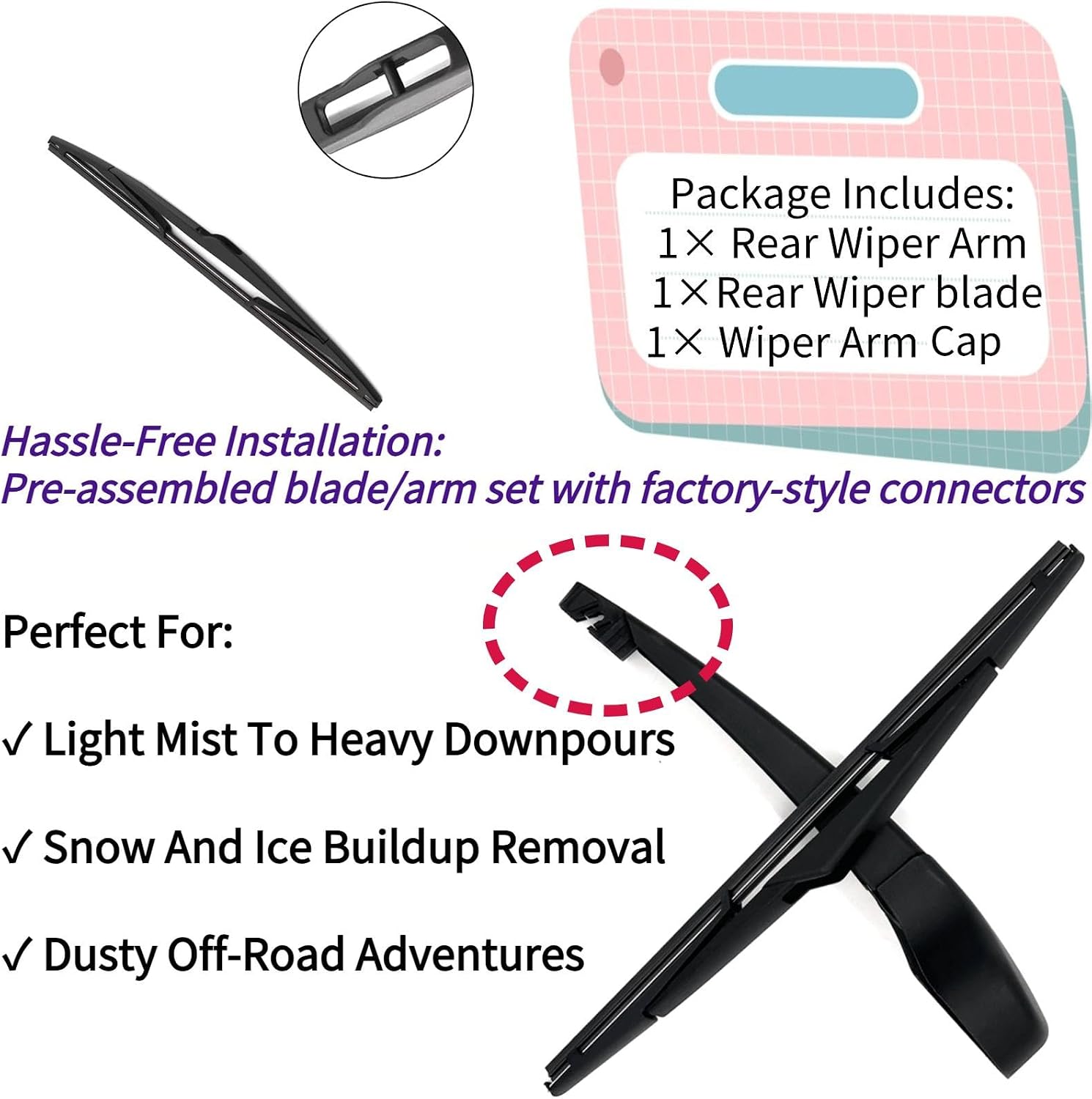 Rear Wiper Blade & Arm Replacement for 2012-2018 Ford Focus Electric RS ST S SE Titanium Hatchback Fit for 2017 2016 2015 2014 2013 Models - All-Season Rear Back Windshield Wiper Blade Set