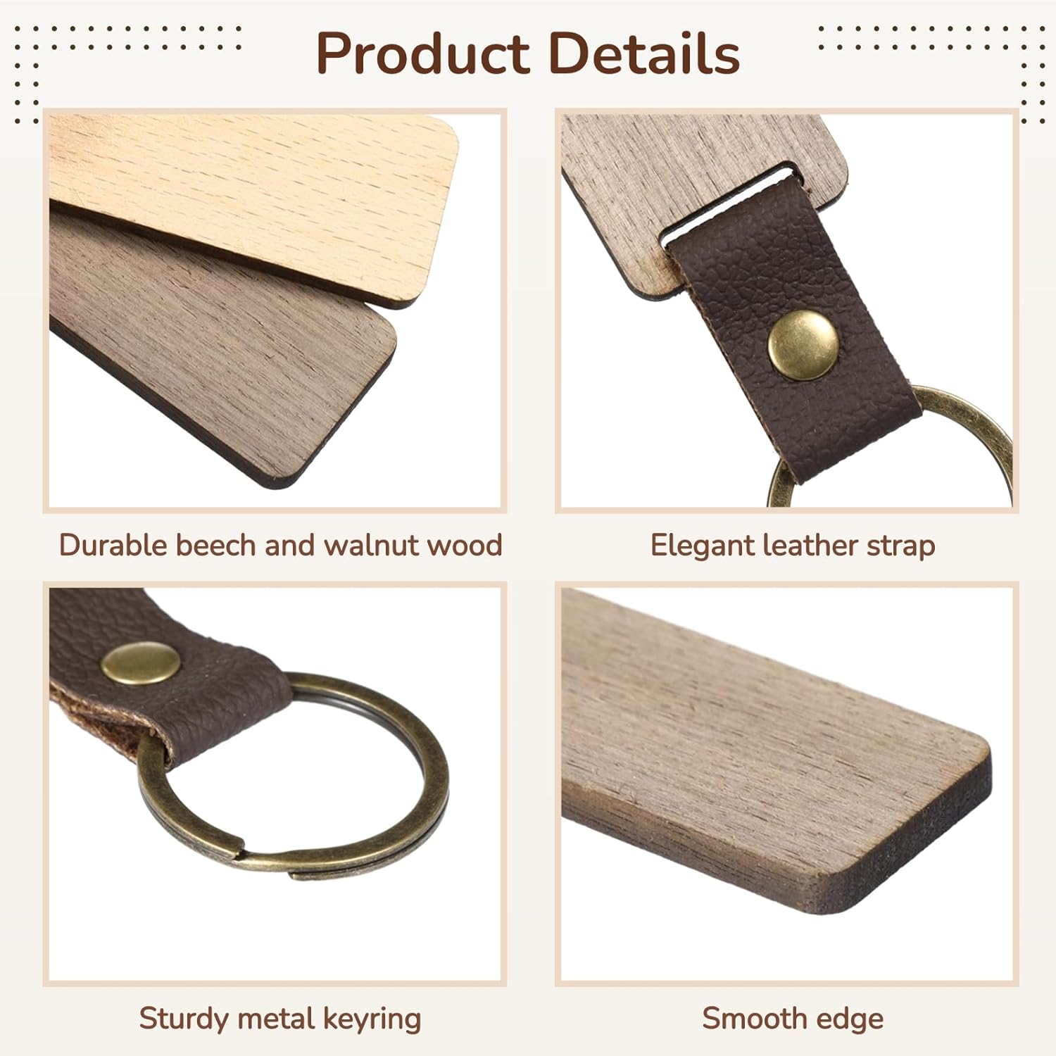 30 Pcs Leather Wooden Keychain Blanks, Beech Walnut Keychains with Leather Straps & Metal Rings, Rectangular Blank Tags, Unfinished Wood Key Tags for Engraving, DIY Crafts, Personalized Gifts - Image 4