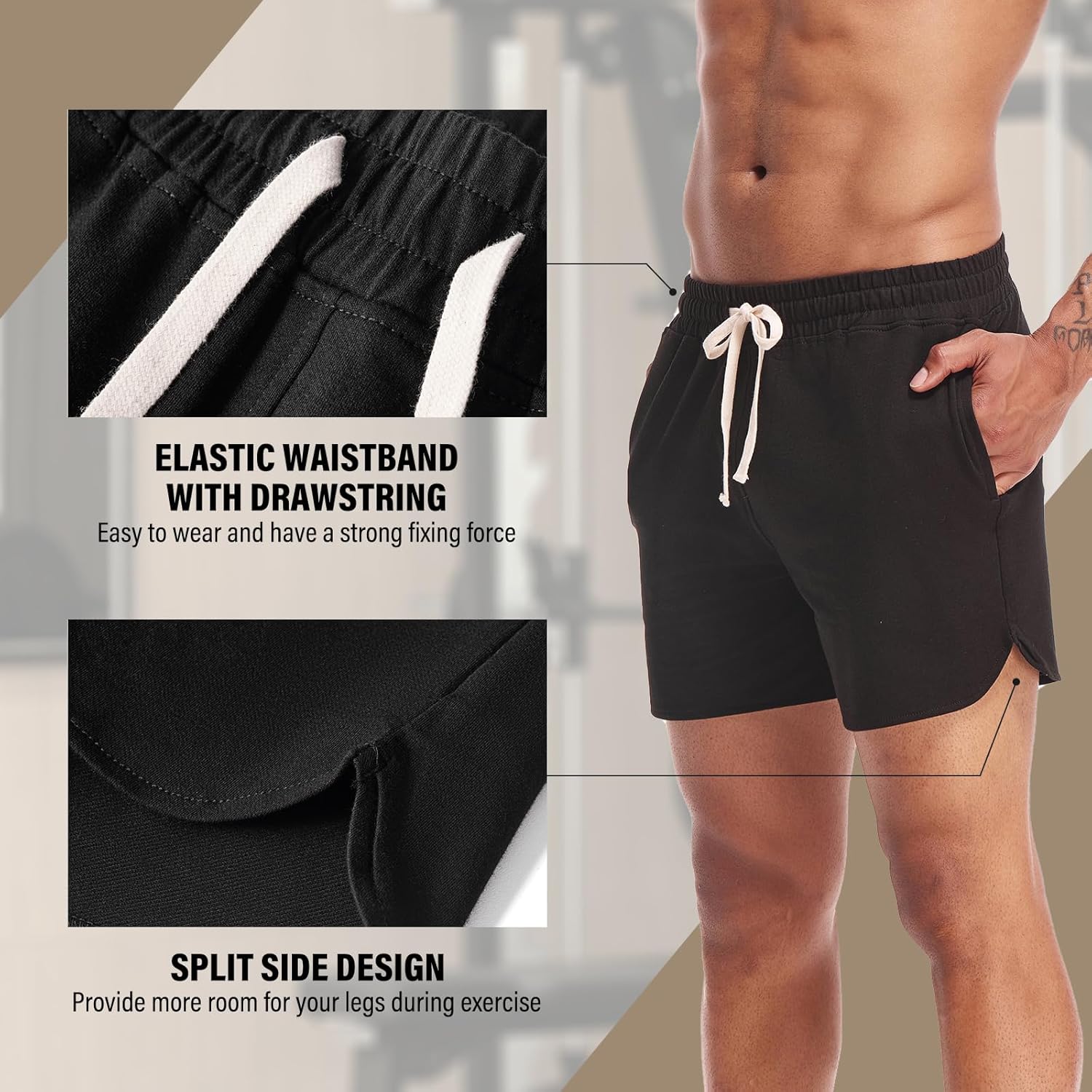AMY COULEE Mens 5 Inch Workout Shorts with Pockets, Cotton Gym Running Shorts, Split Side Lounge SweatShorts - Image 3