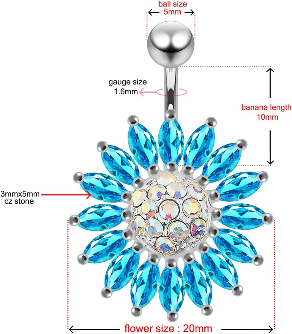 Cz Gemstones Fashion Multi Crystal Sunflower Design 925 Sterling Silver with Stainless Steel Belly Ring - Belly Button jewelry - Navel jewelry