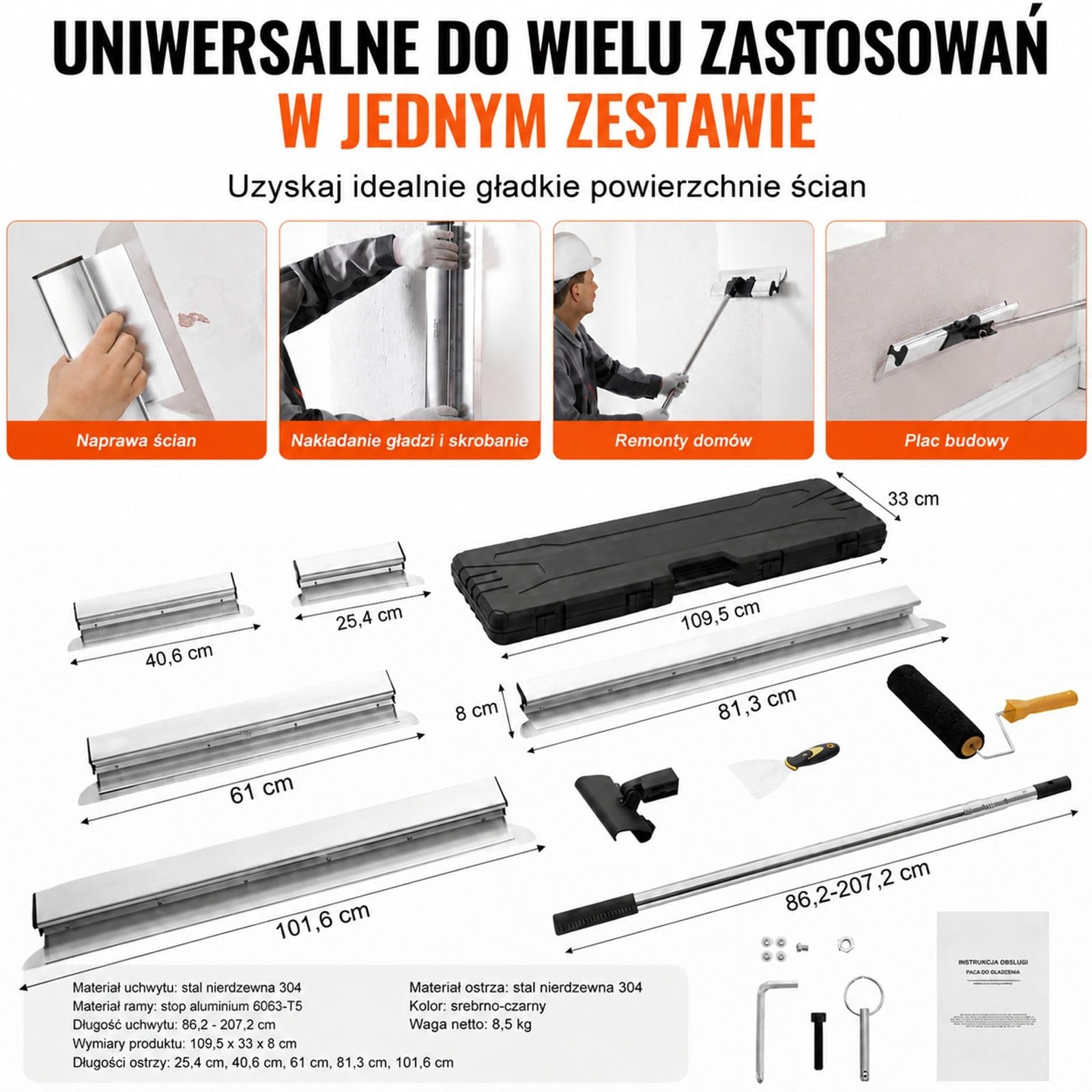 Zestaw szpachli do płyt gipsowo-kartonowych z przedłużanym uchwytem, nóż ze stali nierdzewnej